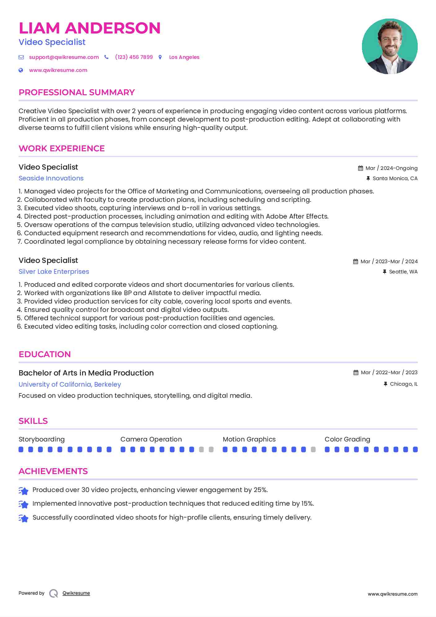 Video Specialist Resume Sample