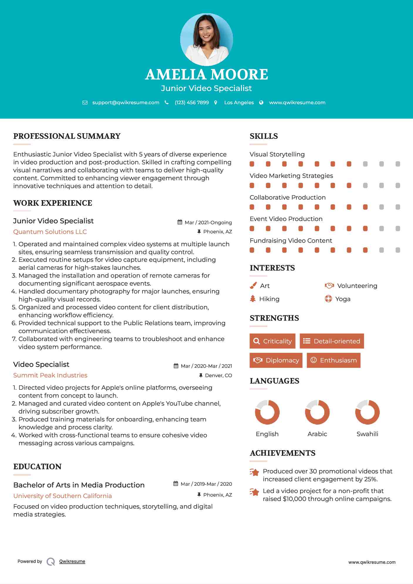 Junior Video Specialist Resume Template