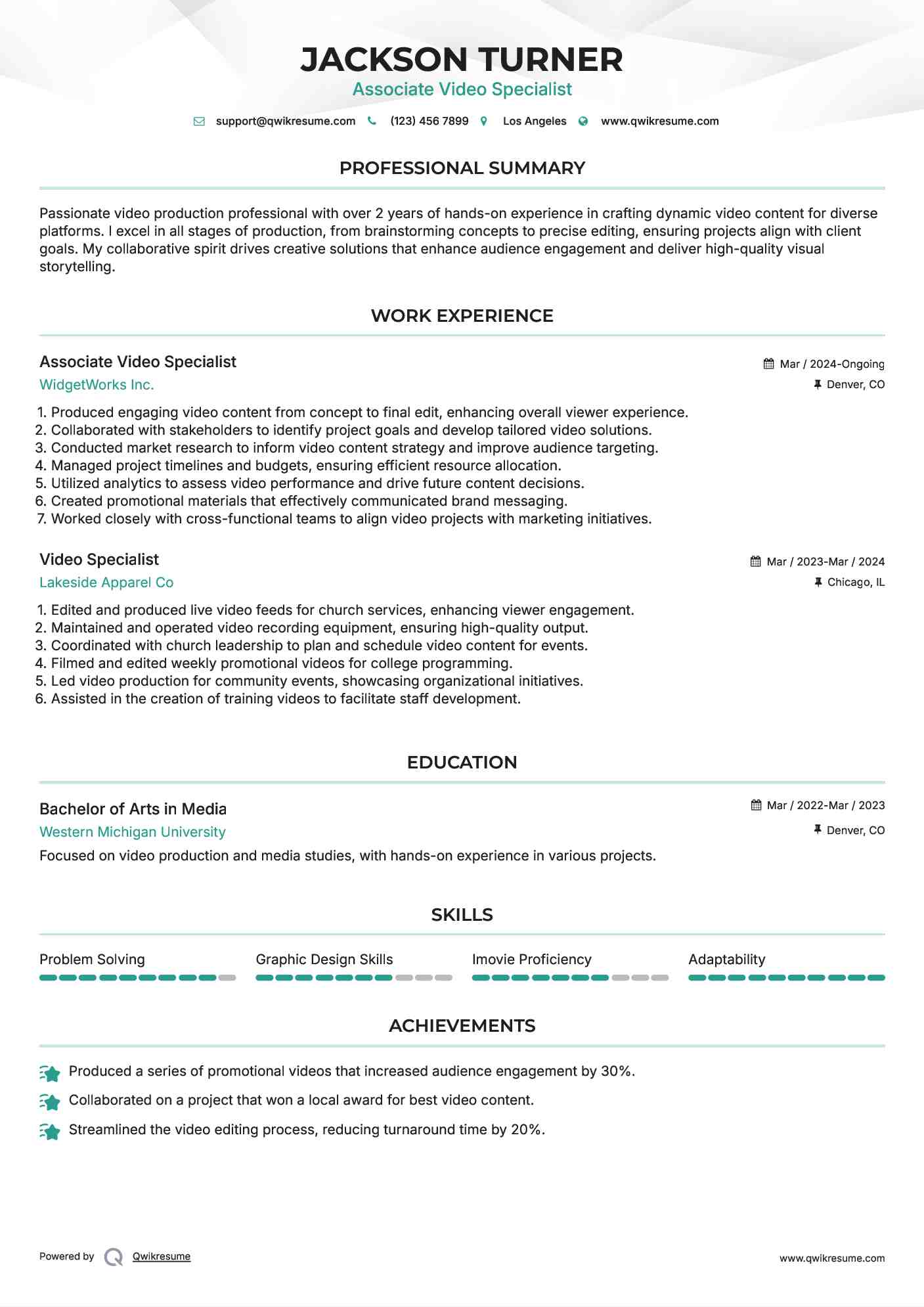 Associate Video Specialist Resume Example