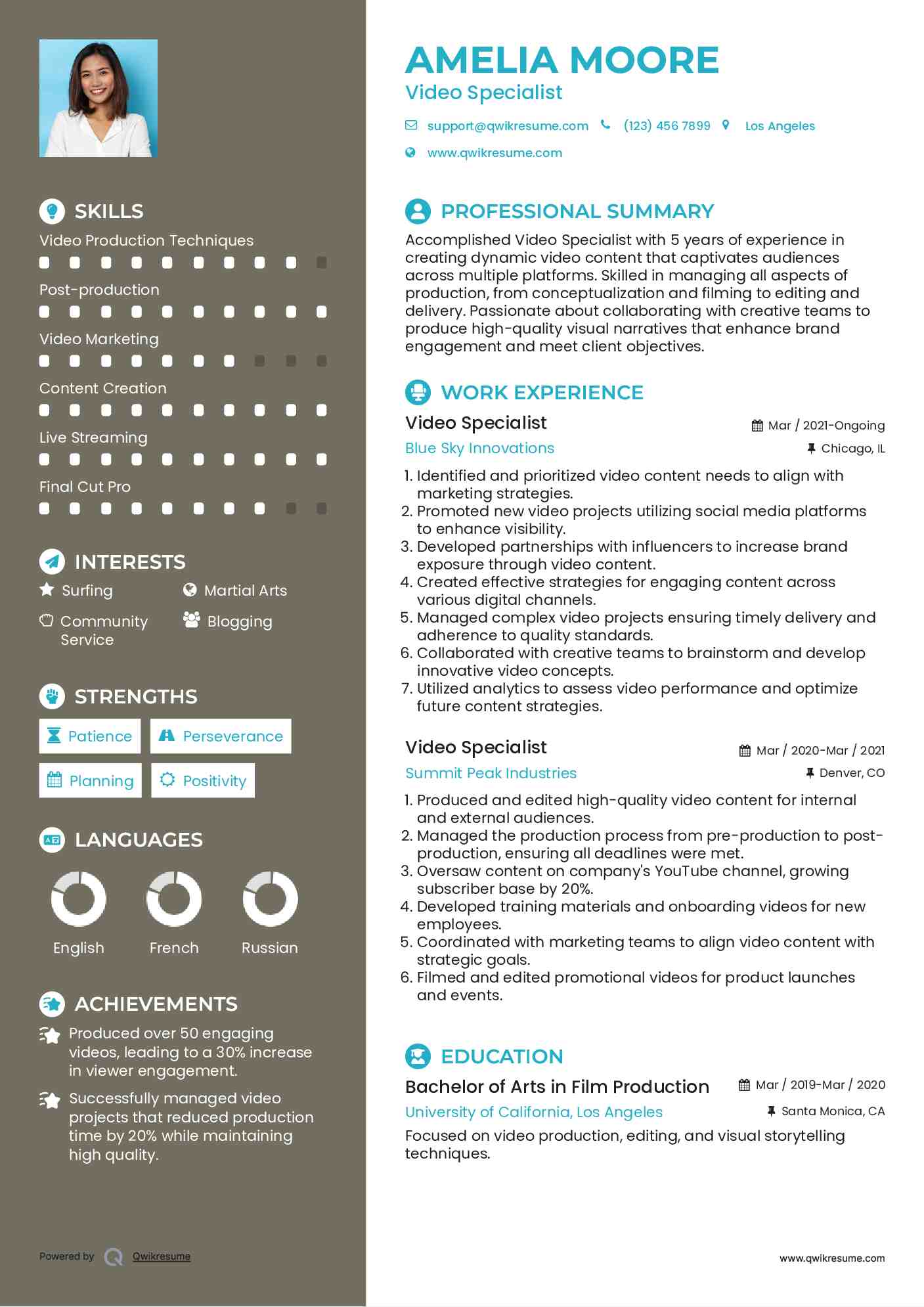 Video Specialist Resume Sample