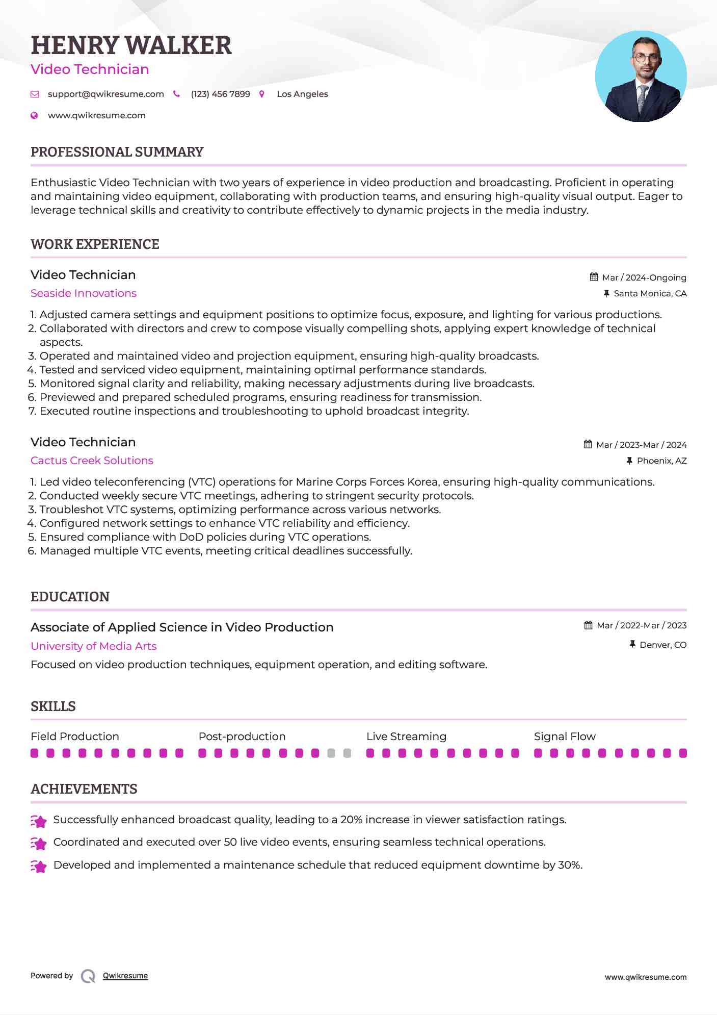 Video Technician Resume Example