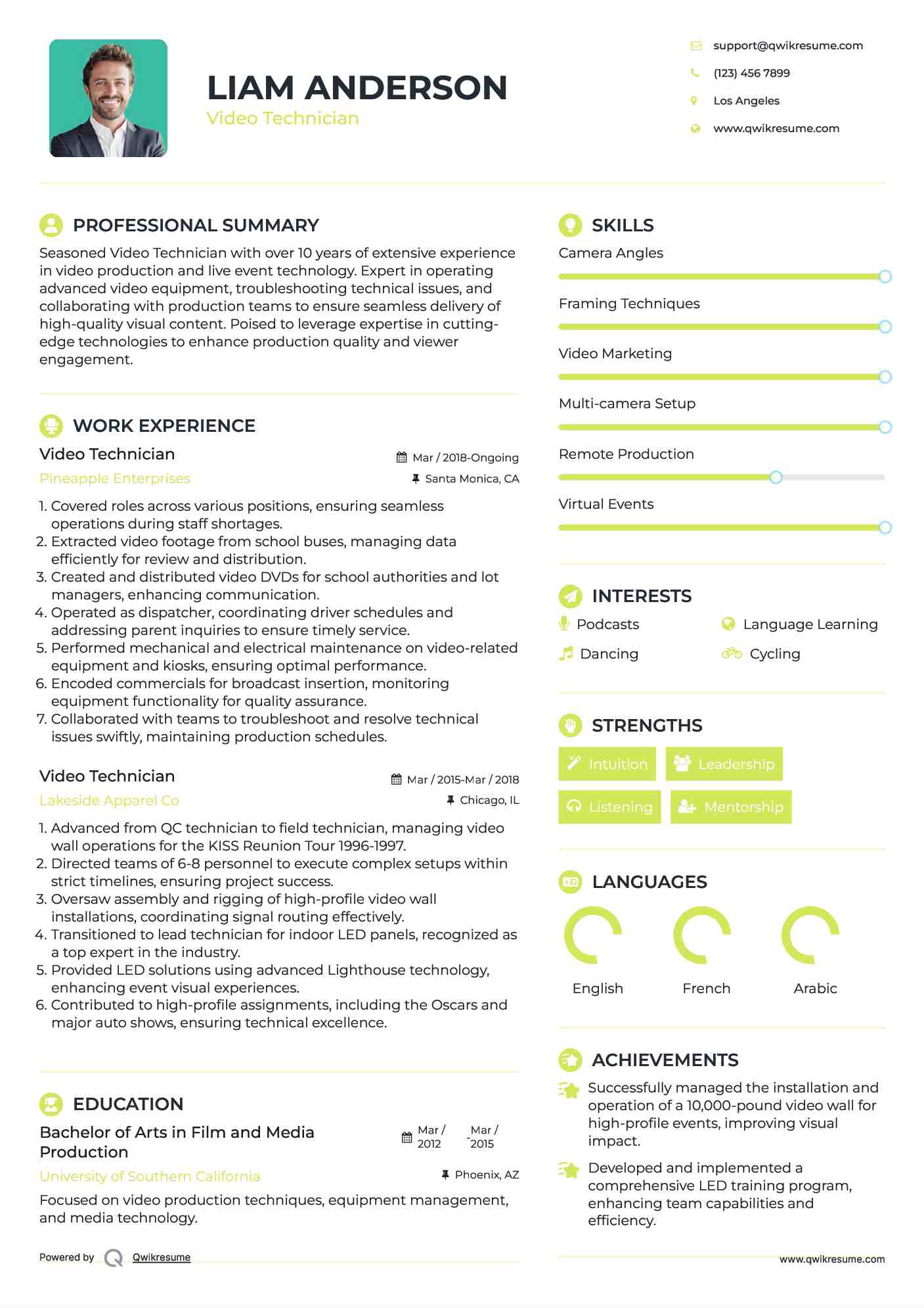 Video Technician Resume Model
