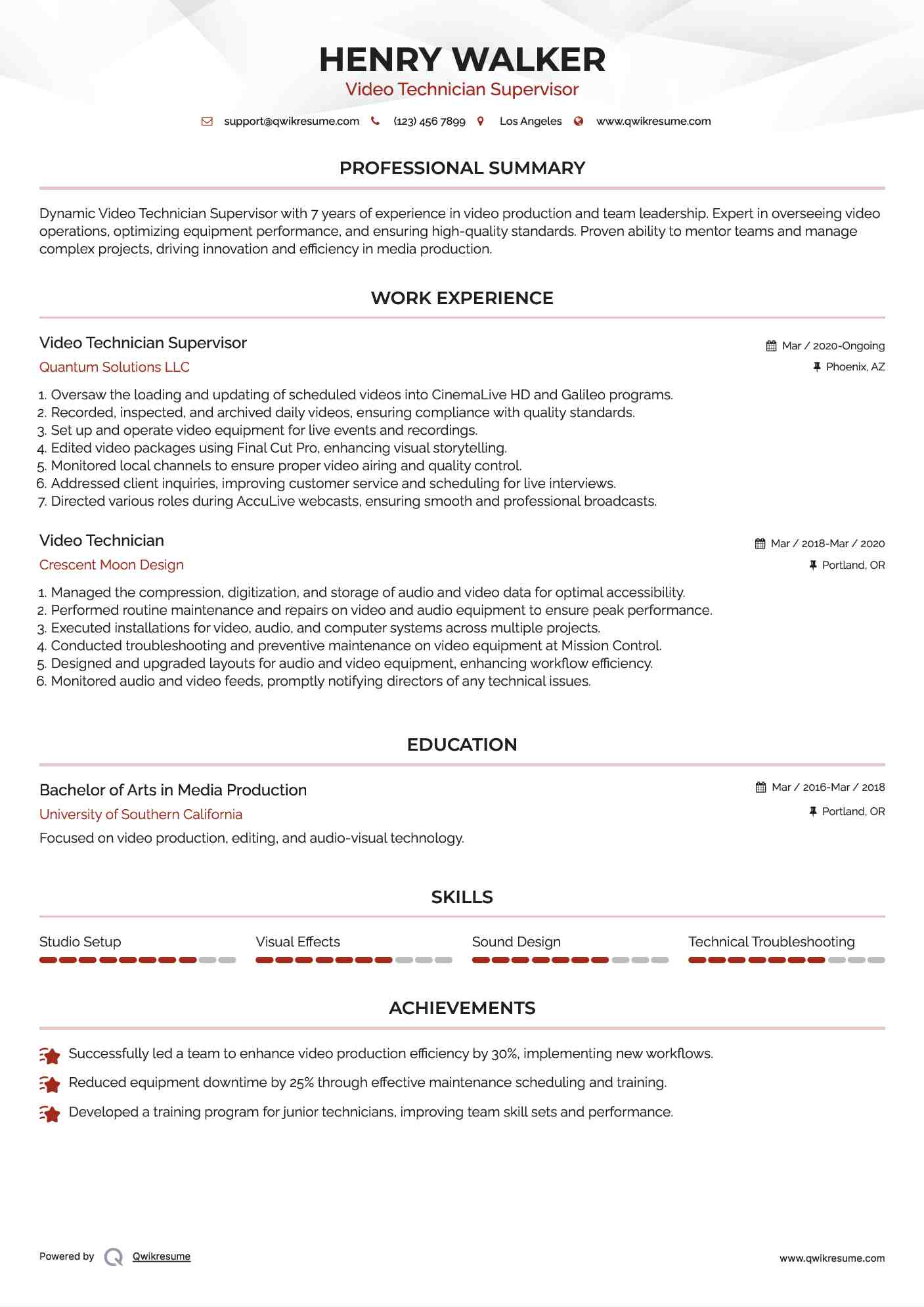 Video Technician Supervisor Resume Sample