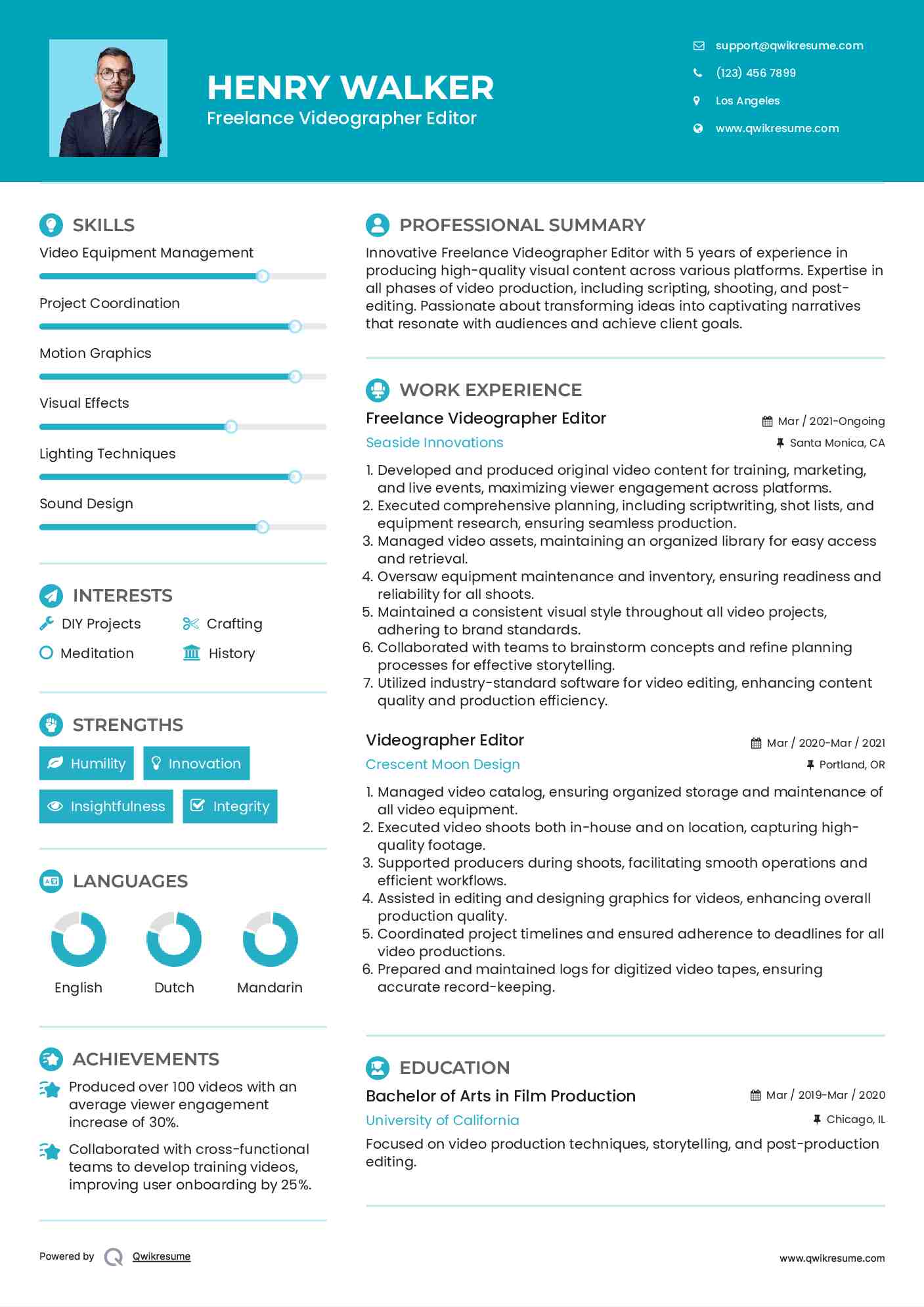 Freelance Videographer Editor Resume Example