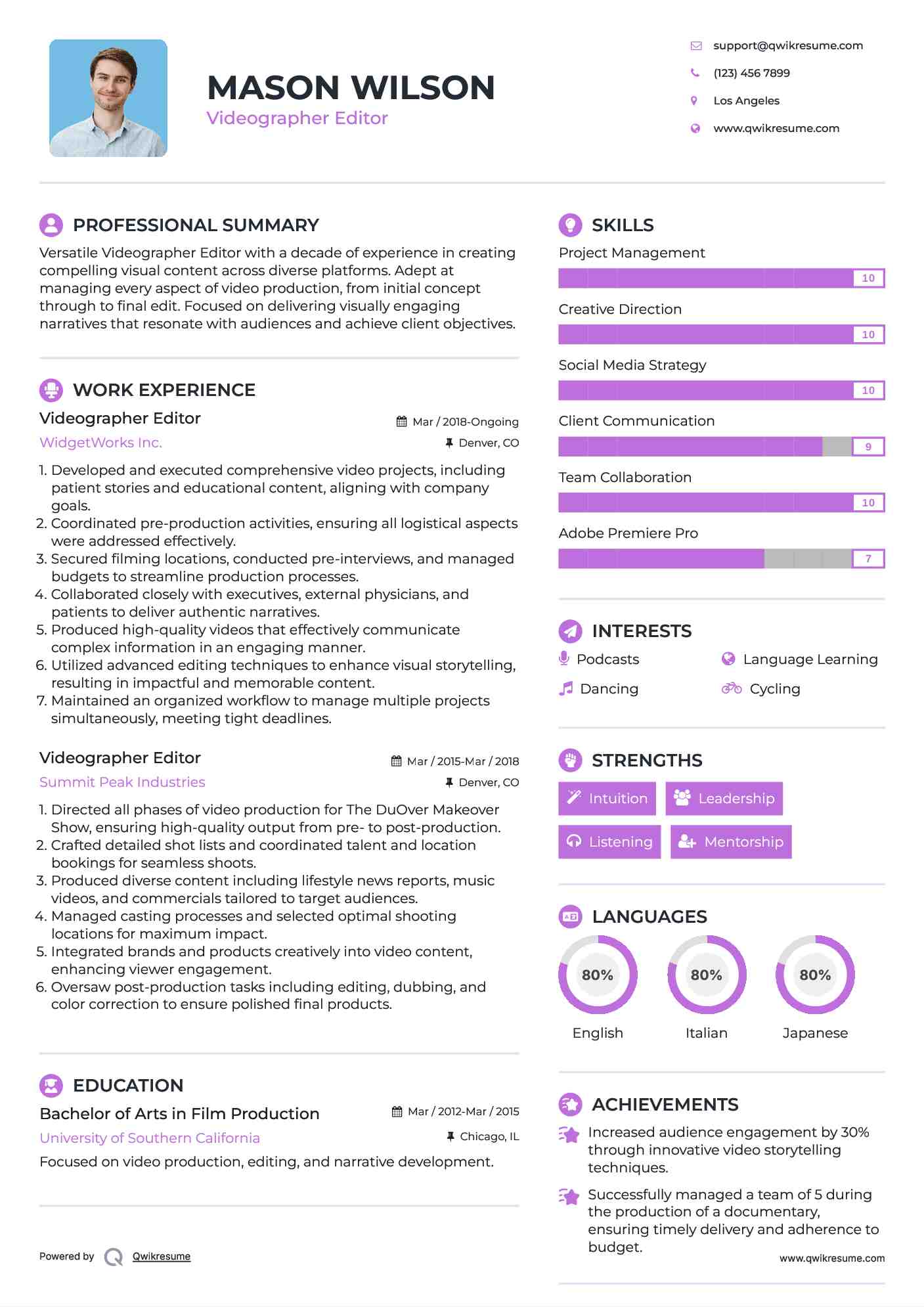 Videographer Editor Resume Model