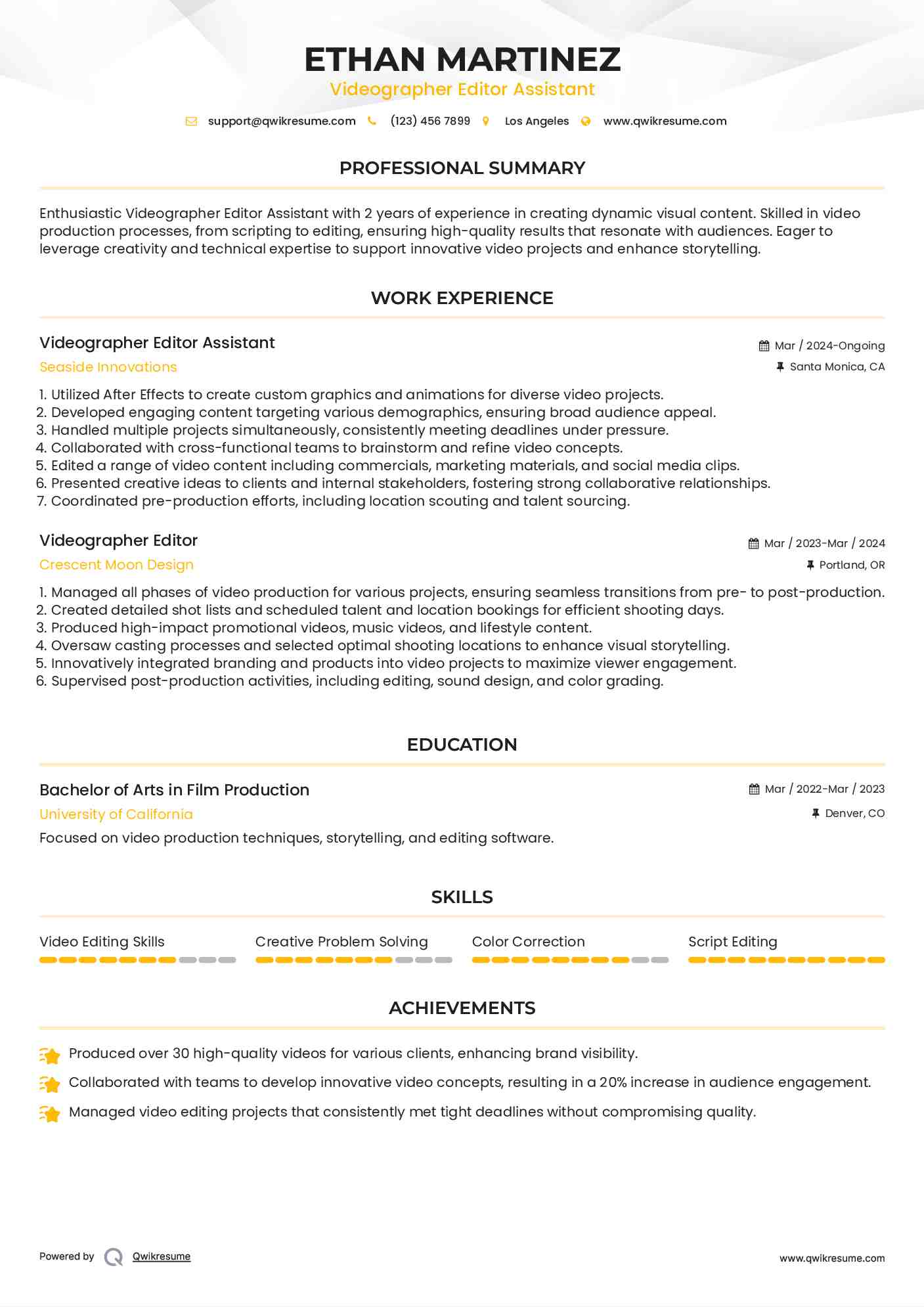 Videographer Editor Assistant Resume Sample