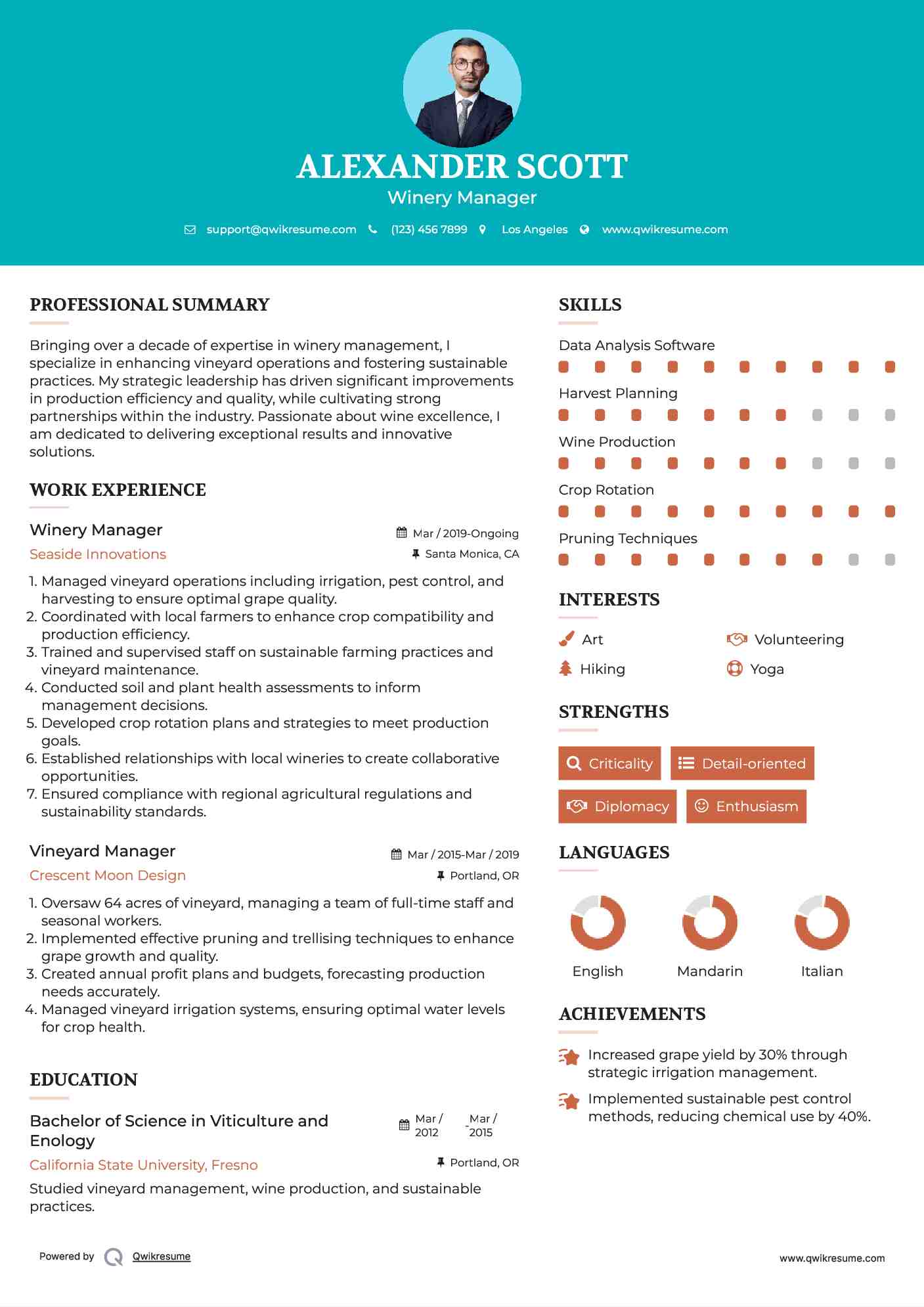 Winery Manager Resume Example