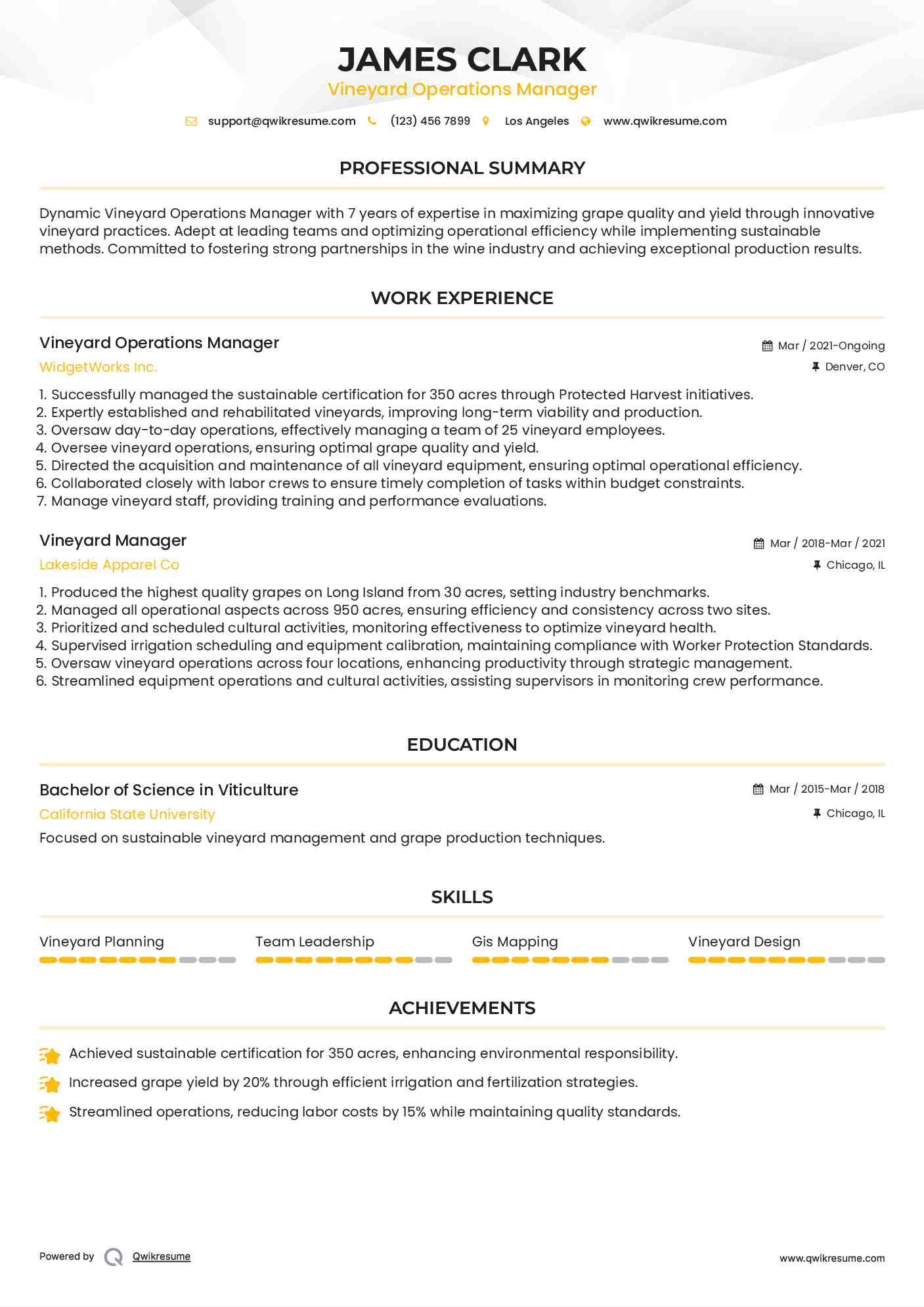 Vineyard Operations Manager Resume Format