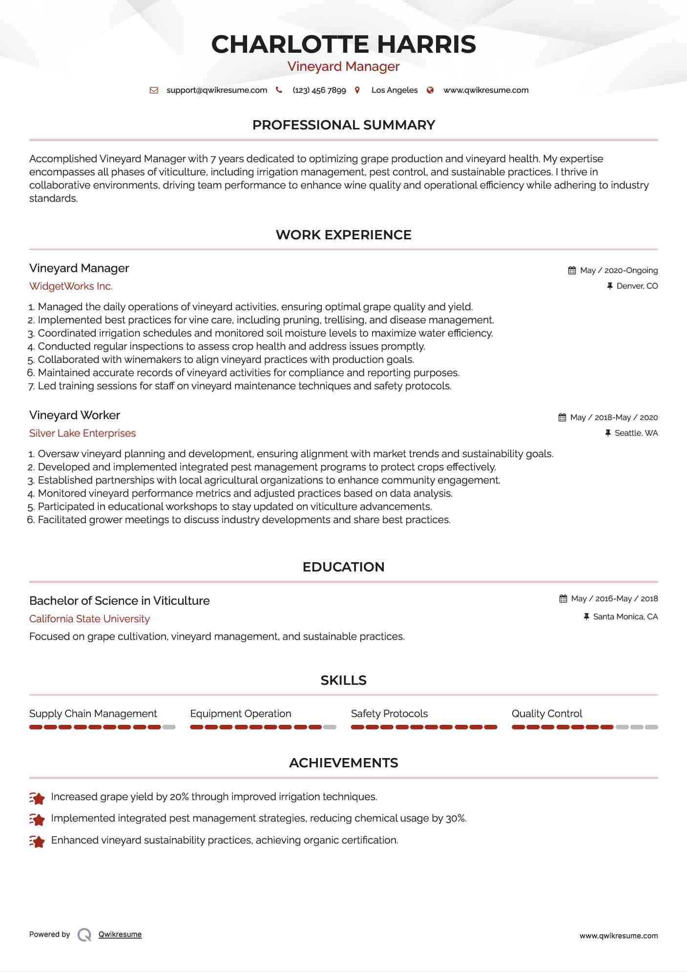 Vineyard Manager Resume Sample
