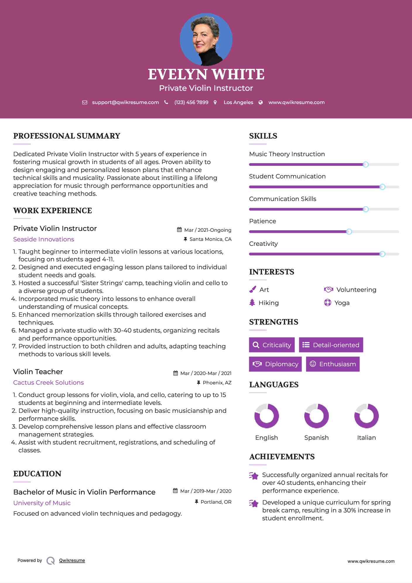 Private Violin Instructor Resume Format