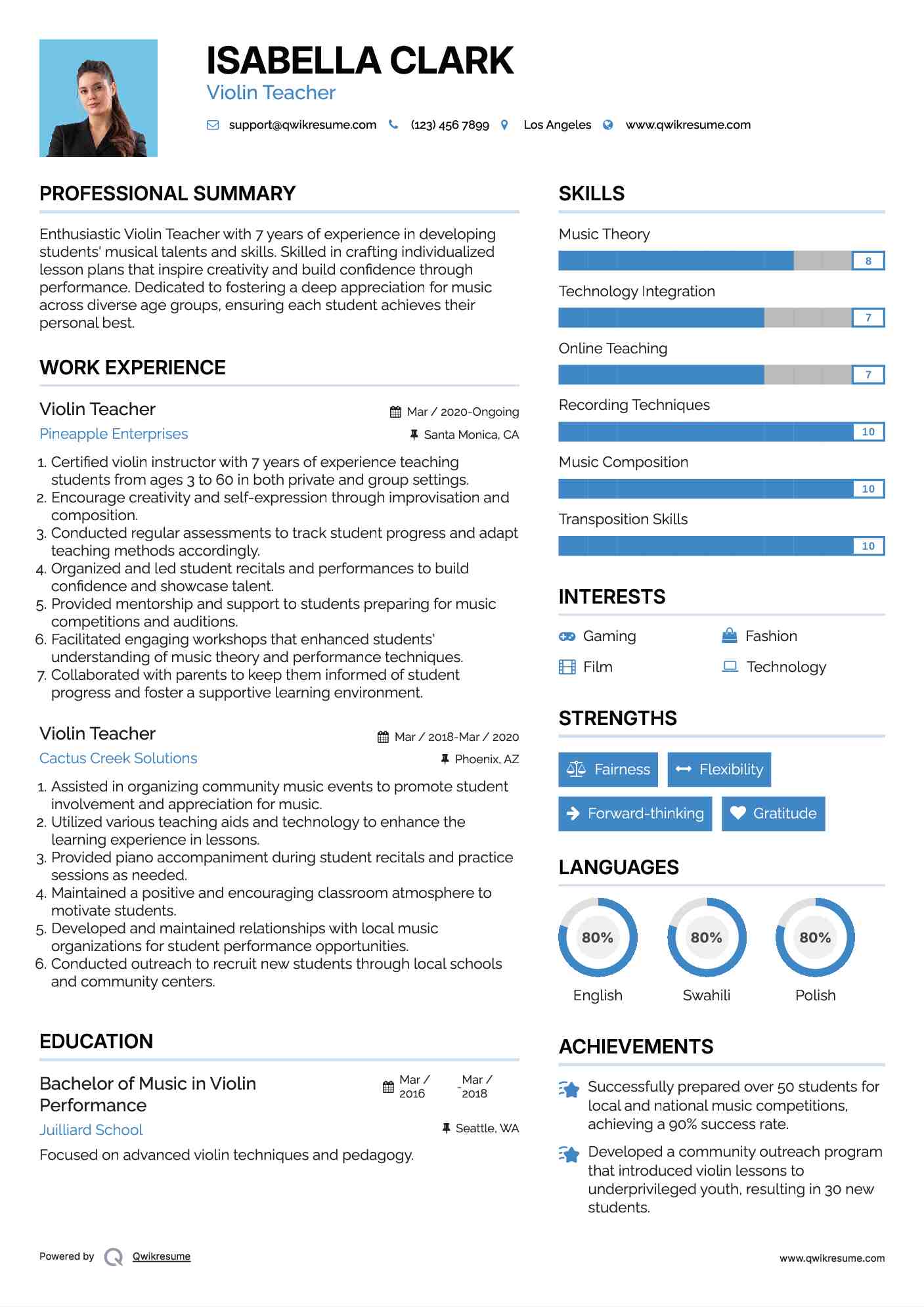 Violin Teacher Resume Model