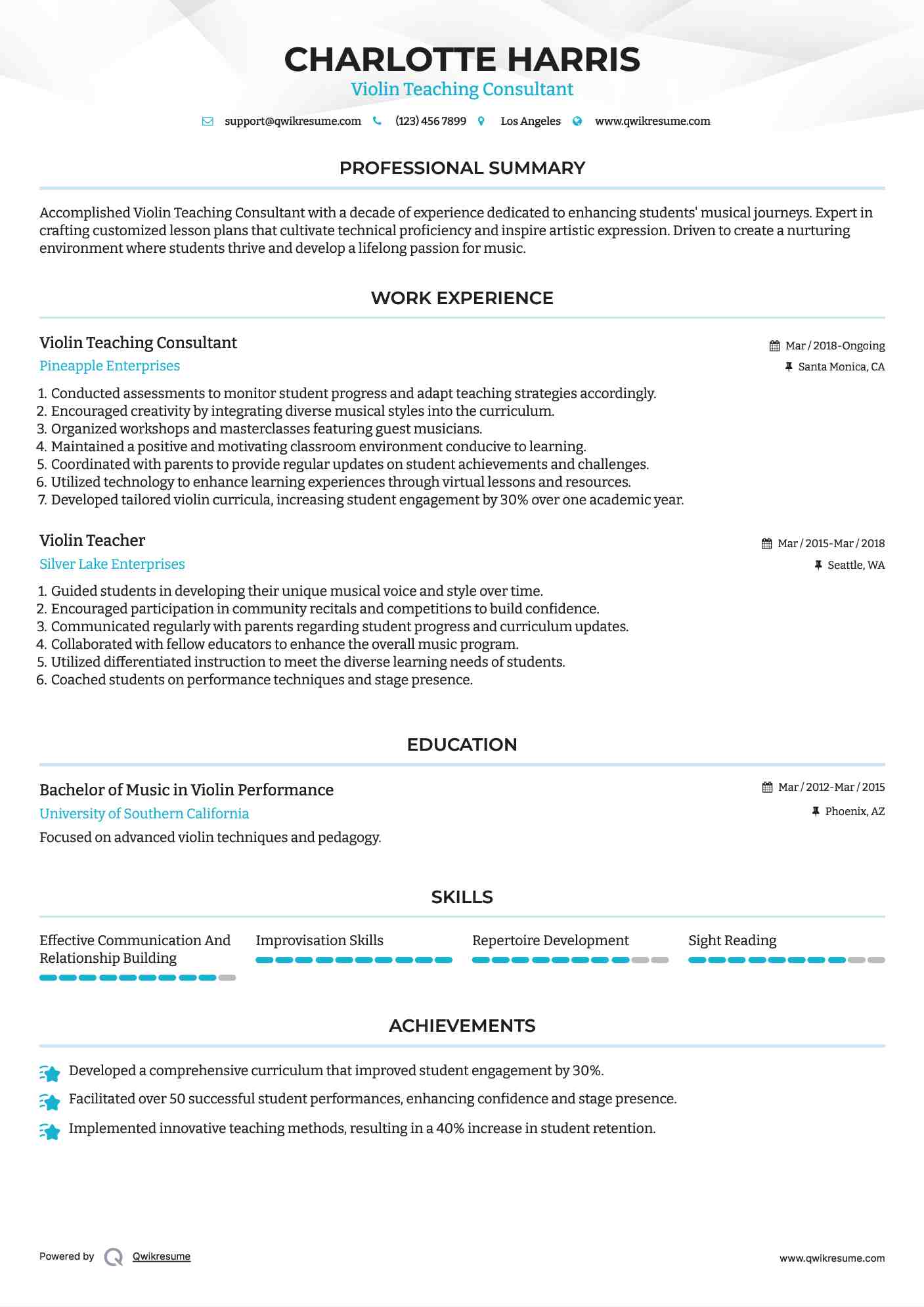 Violin Teaching Consultant Resume Format