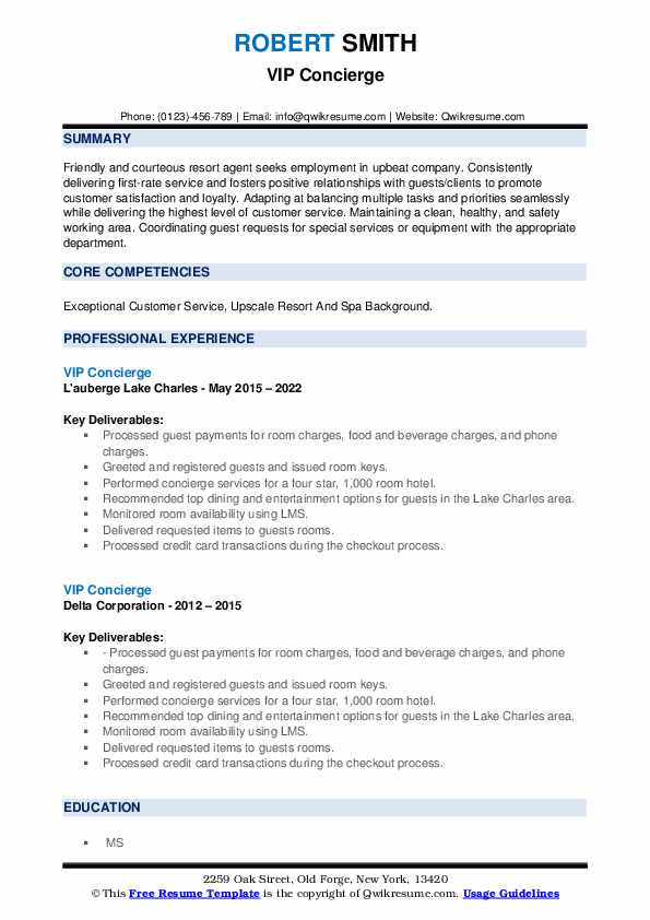 VIP Concierge Resume Samples QwikResume