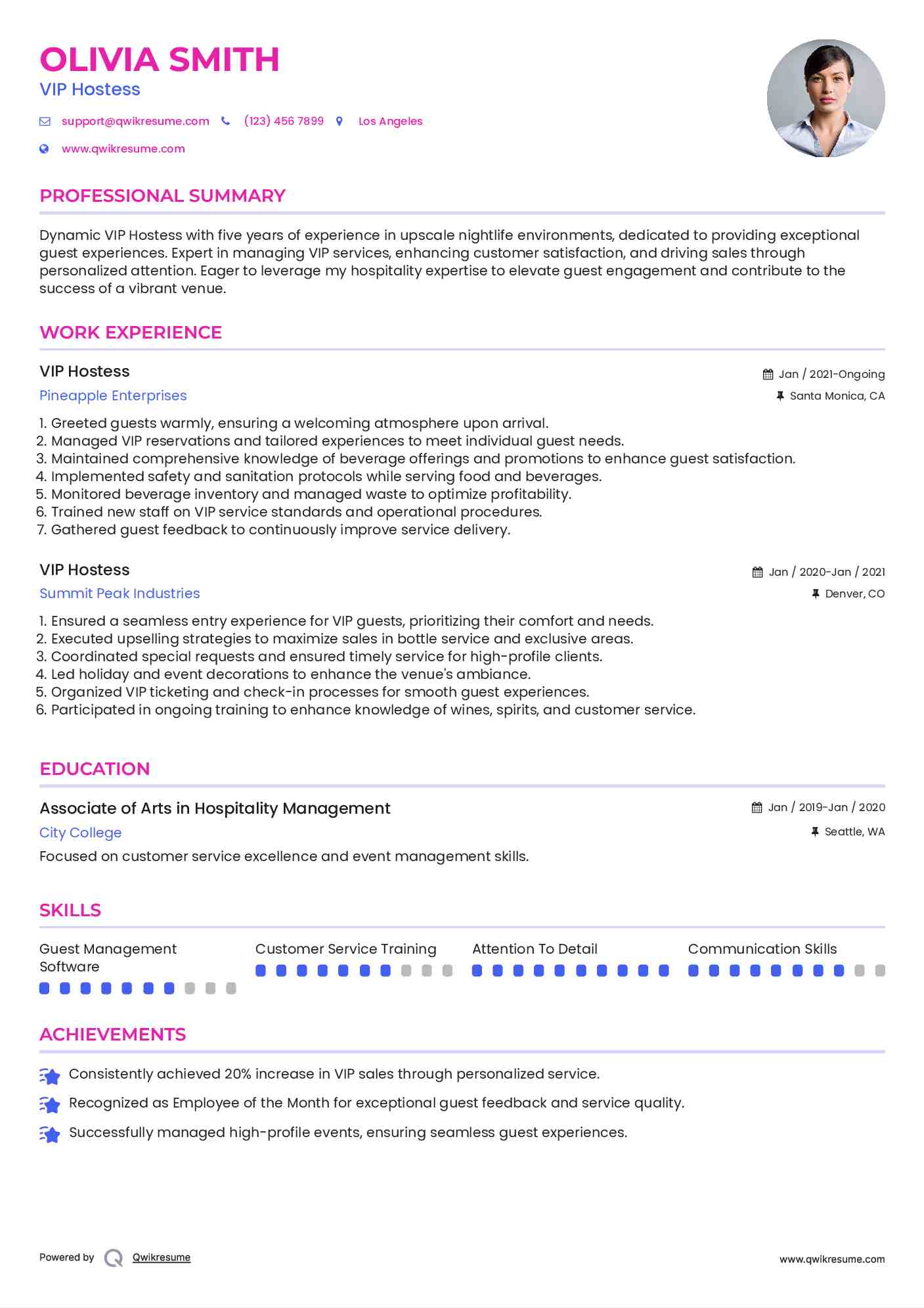 VIP Hostess Resume Sample