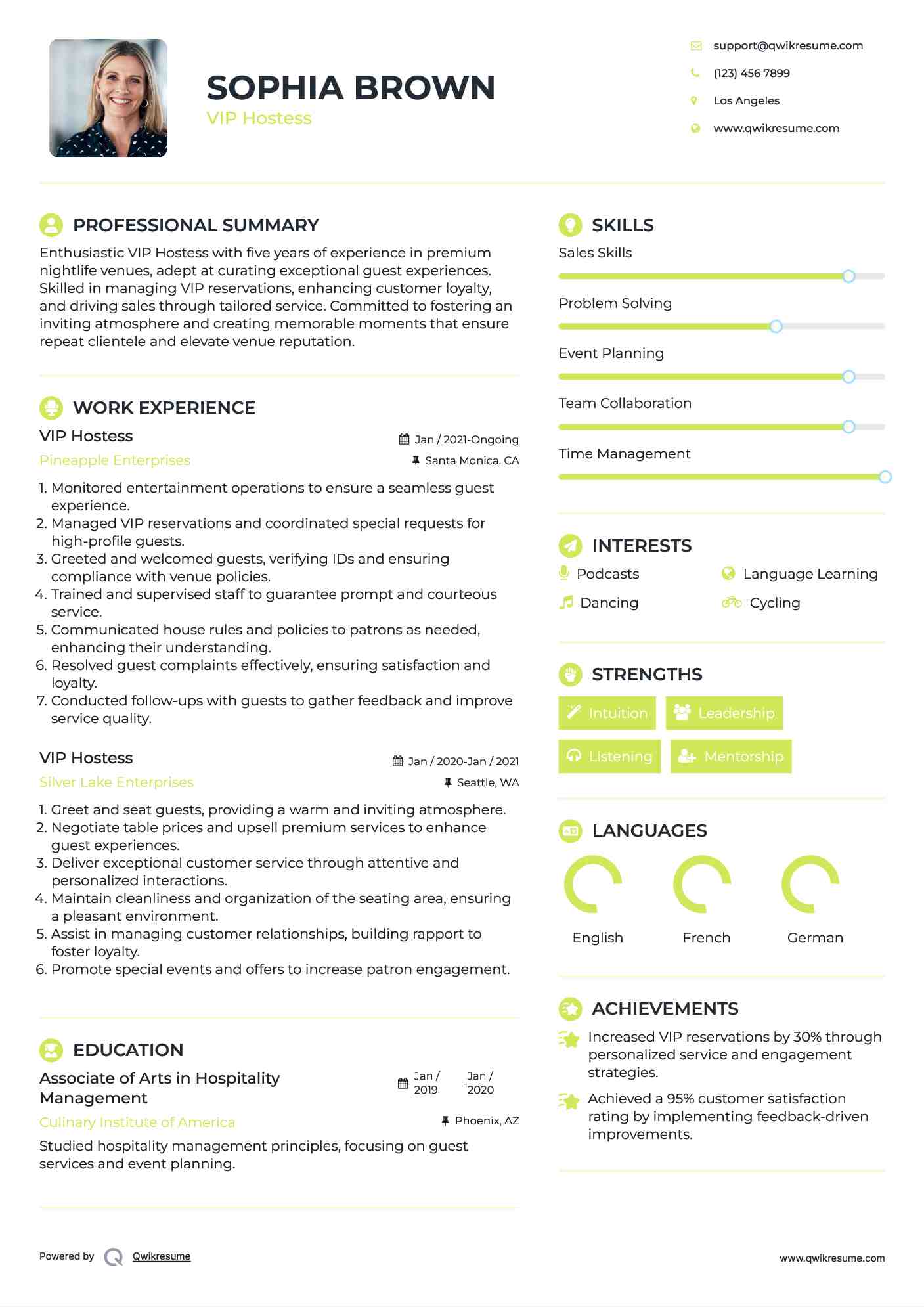 VIP Hostess Resume Model