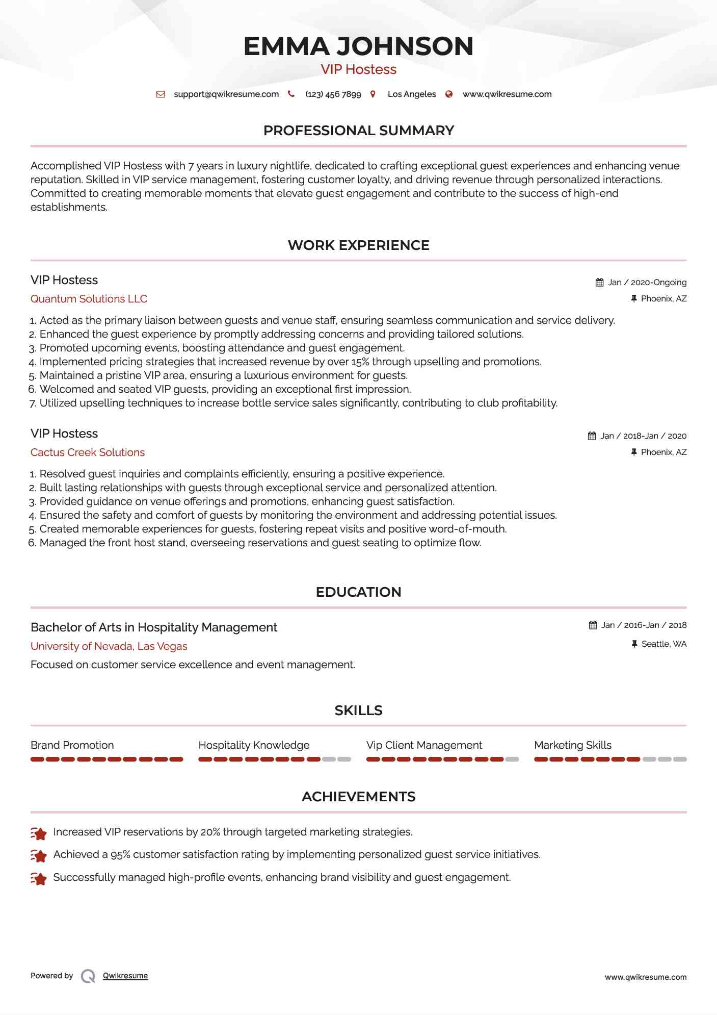 VIP Hostess Resume Model