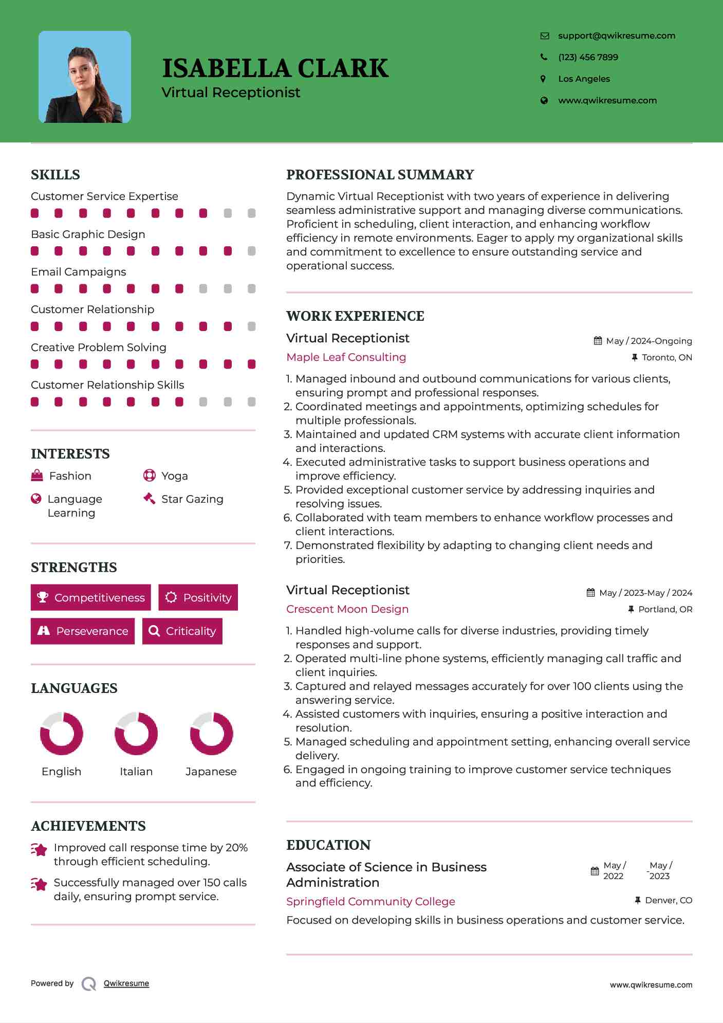 Virtual Receptionist Resume Sample