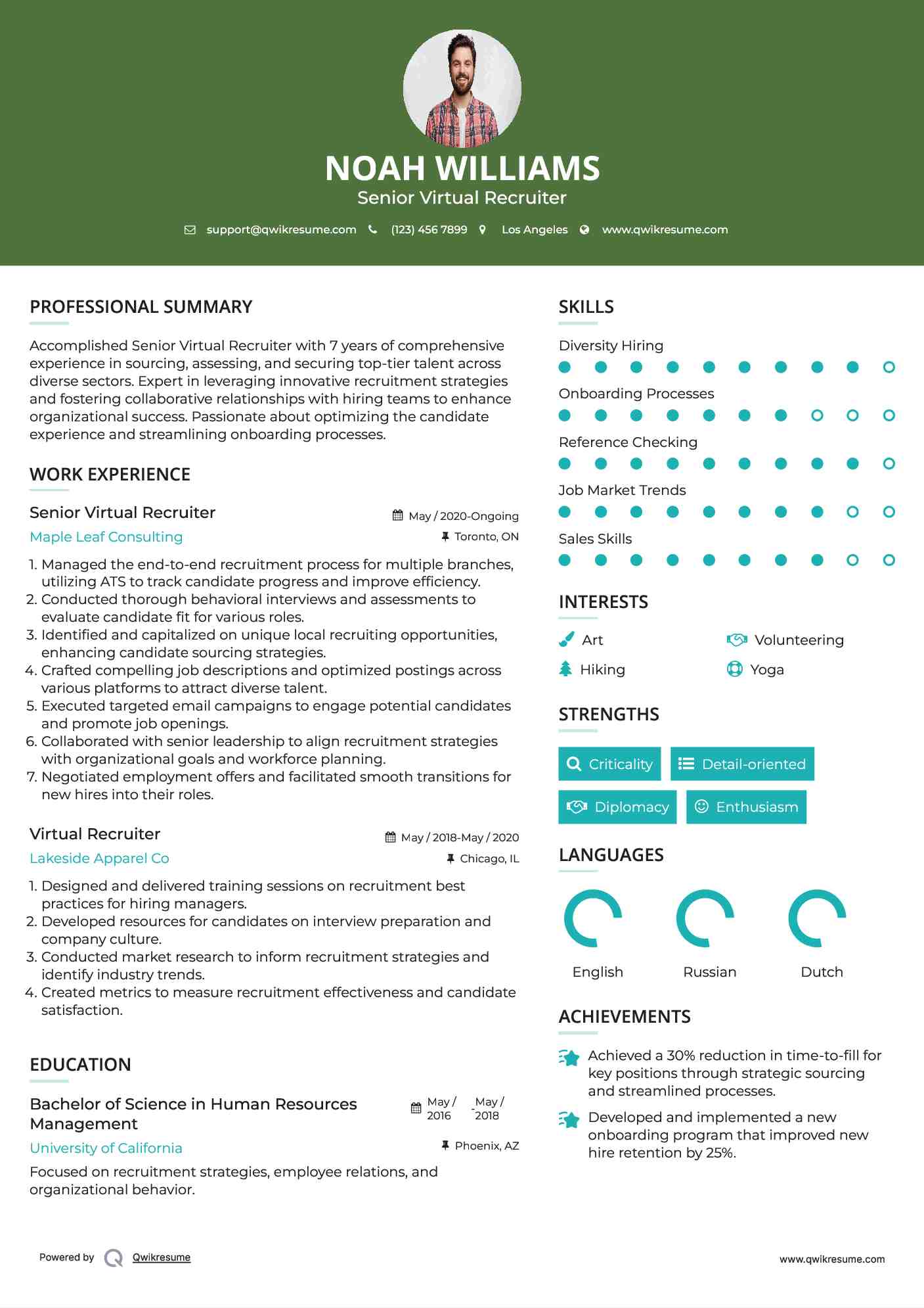 Senior Virtual Recruiter Resume Sample