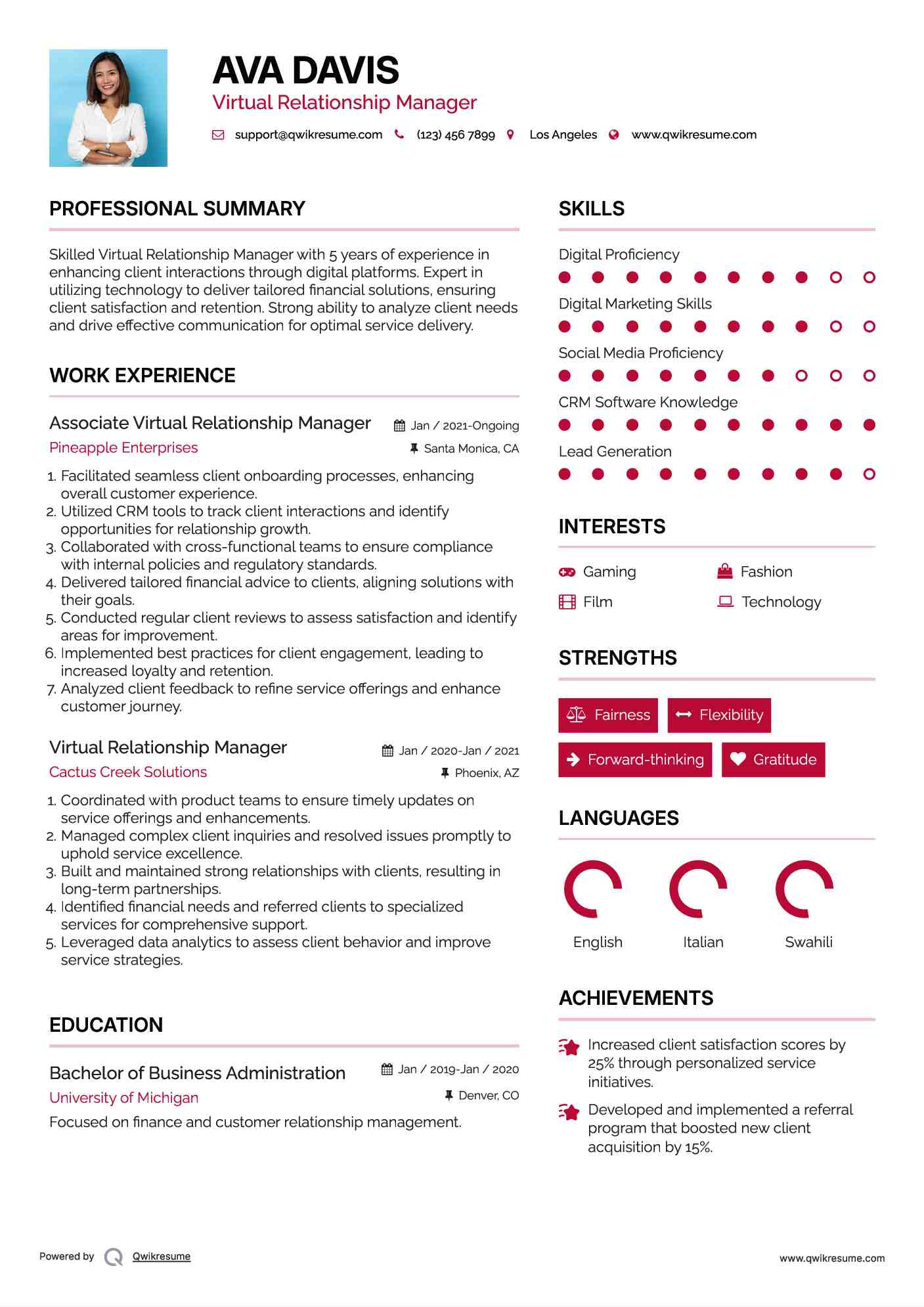 Associate Virtual Relationship Manager Resume Model