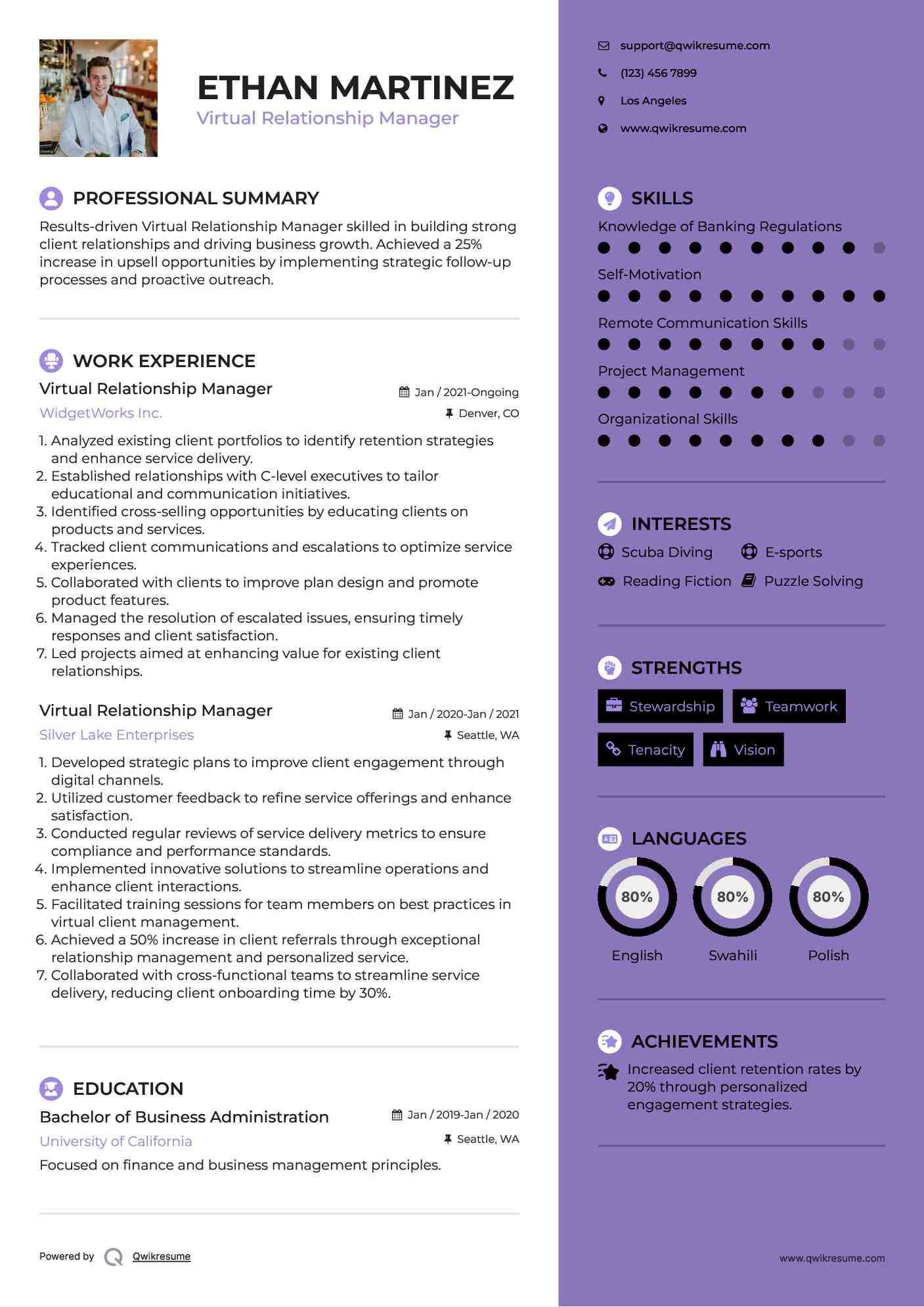 Virtual Relationship Manager Resume Sample