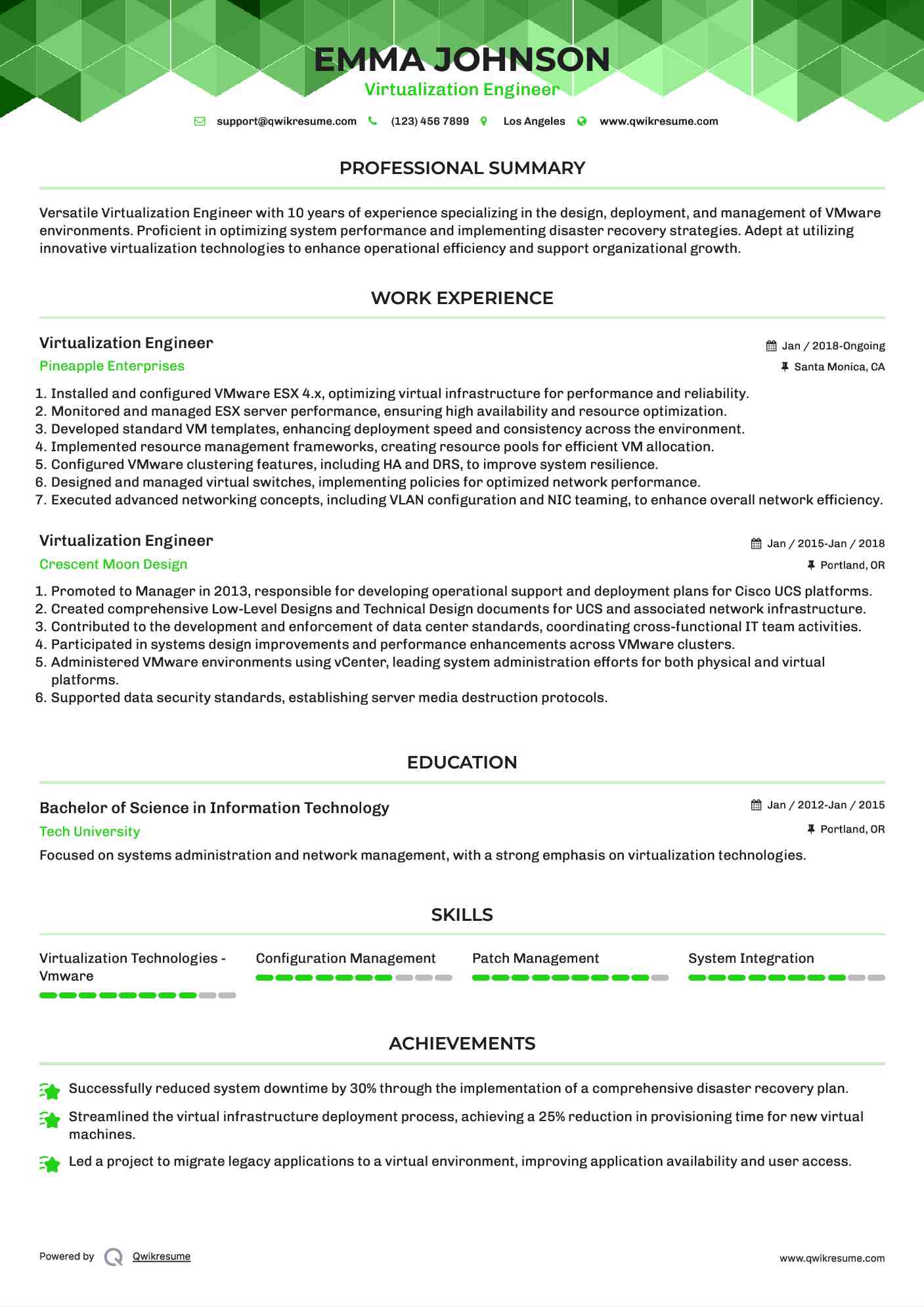 Virtualization Engineer Resume Example
