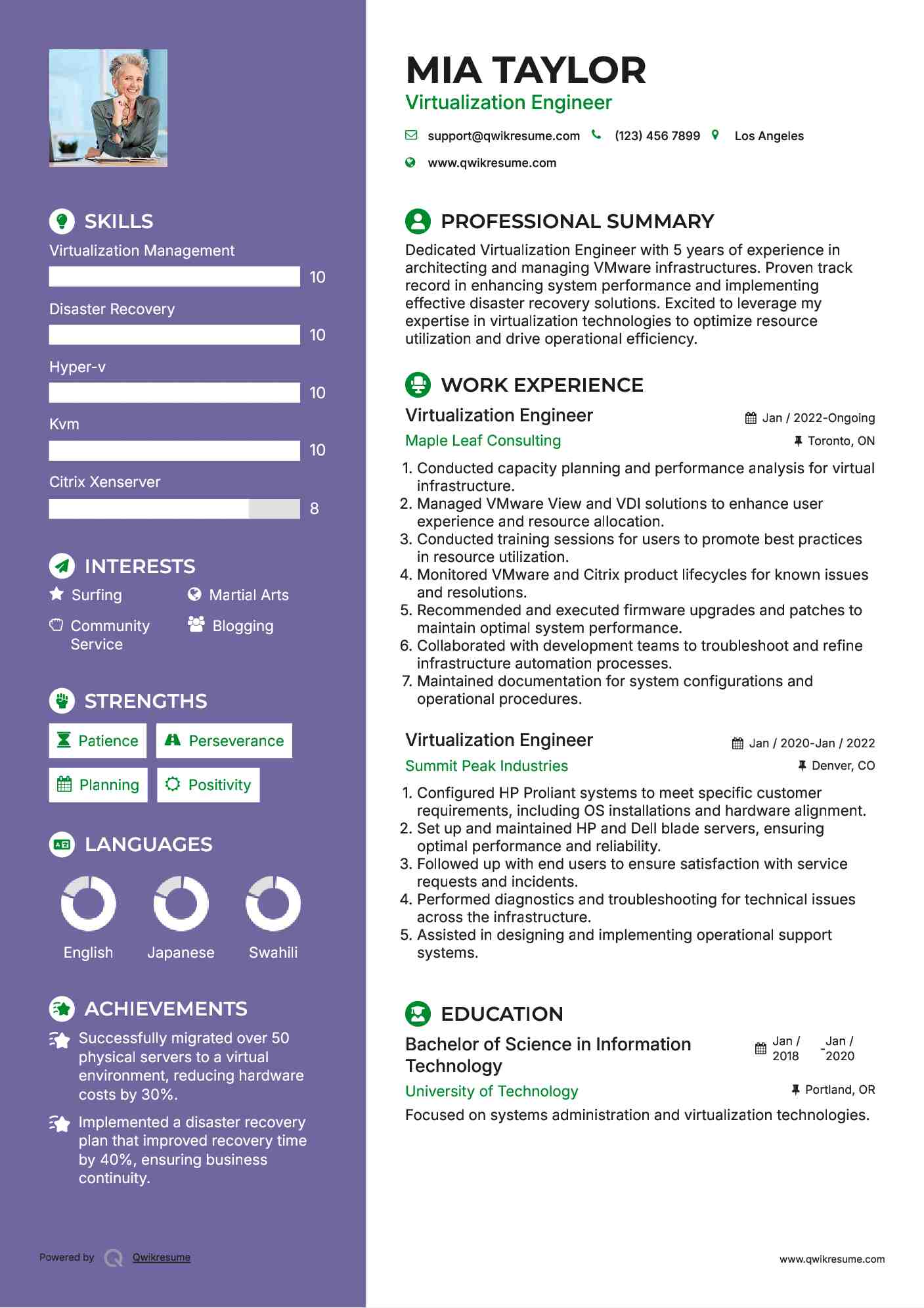 Virtualization Engineer Resume Example