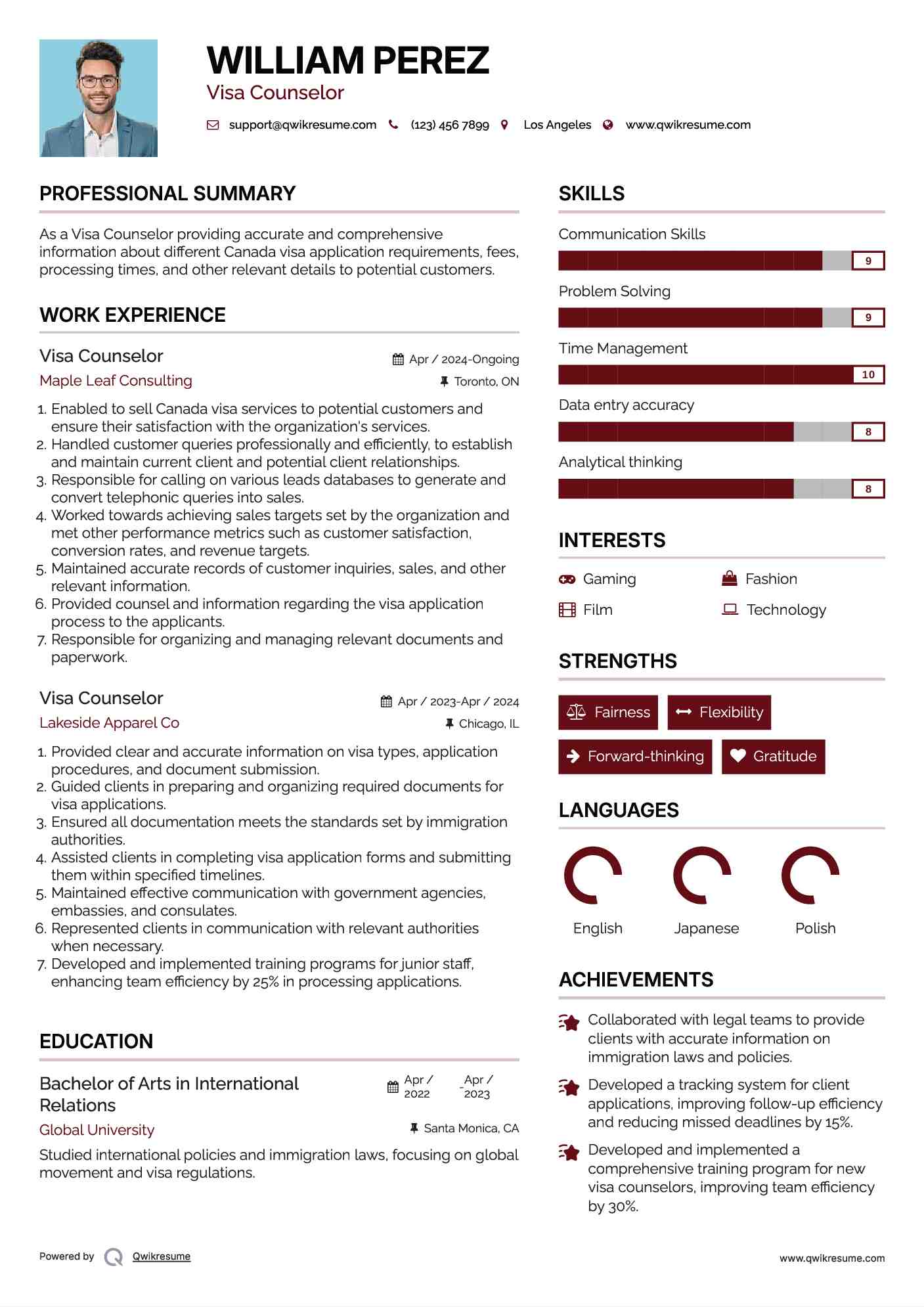 Visa Counselor Resume Sample