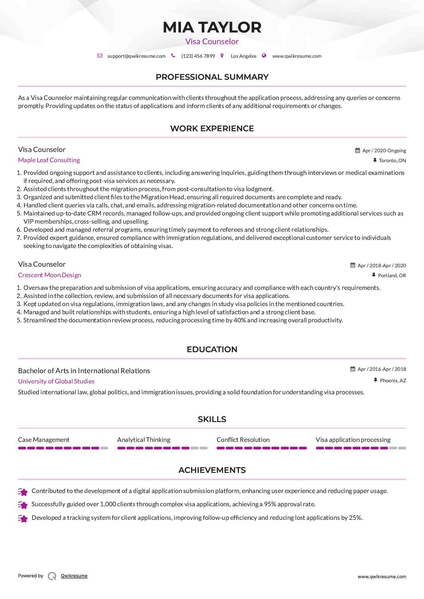 Visa Counselor Resume Model