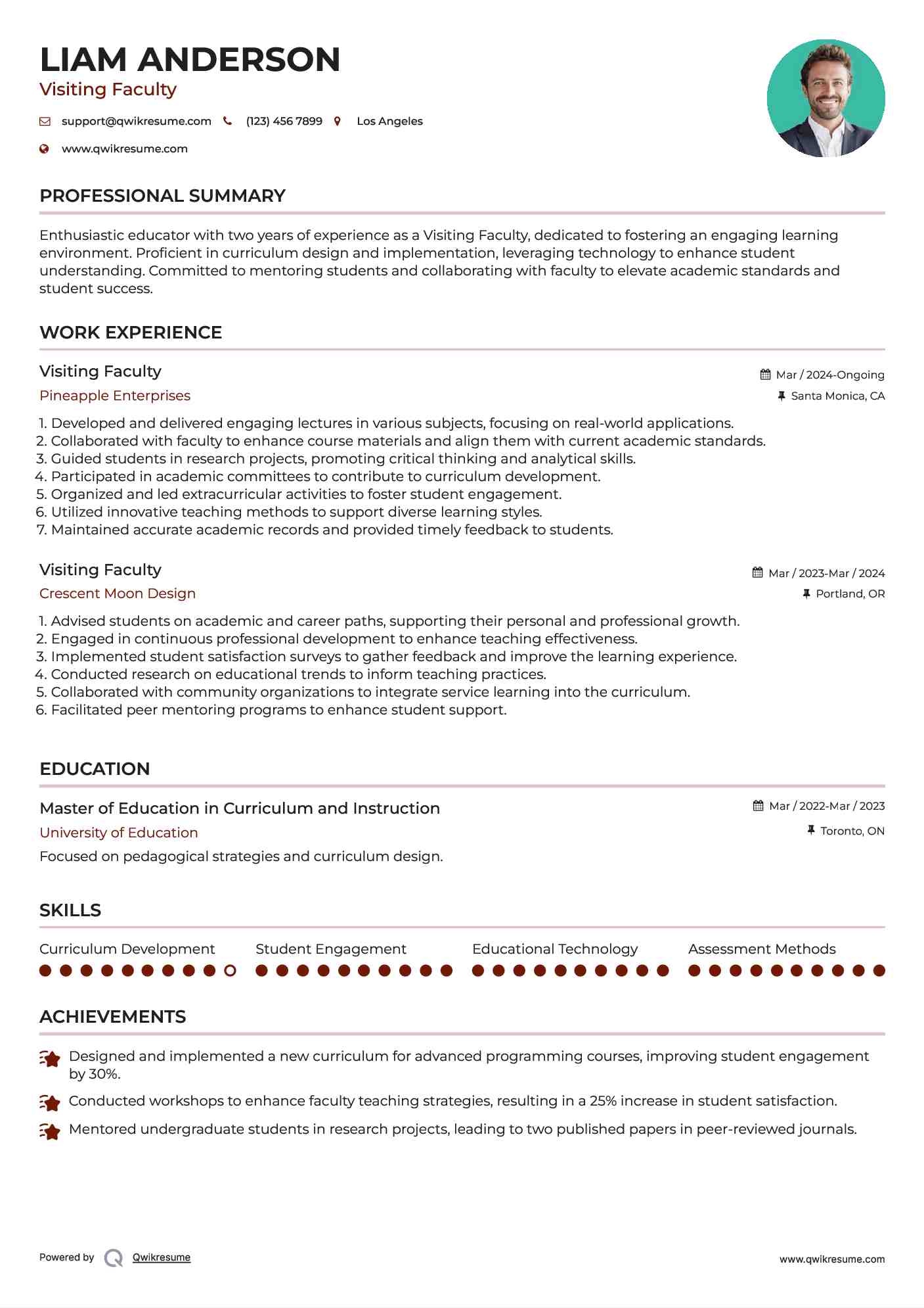 Visiting Faculty Resume Sample