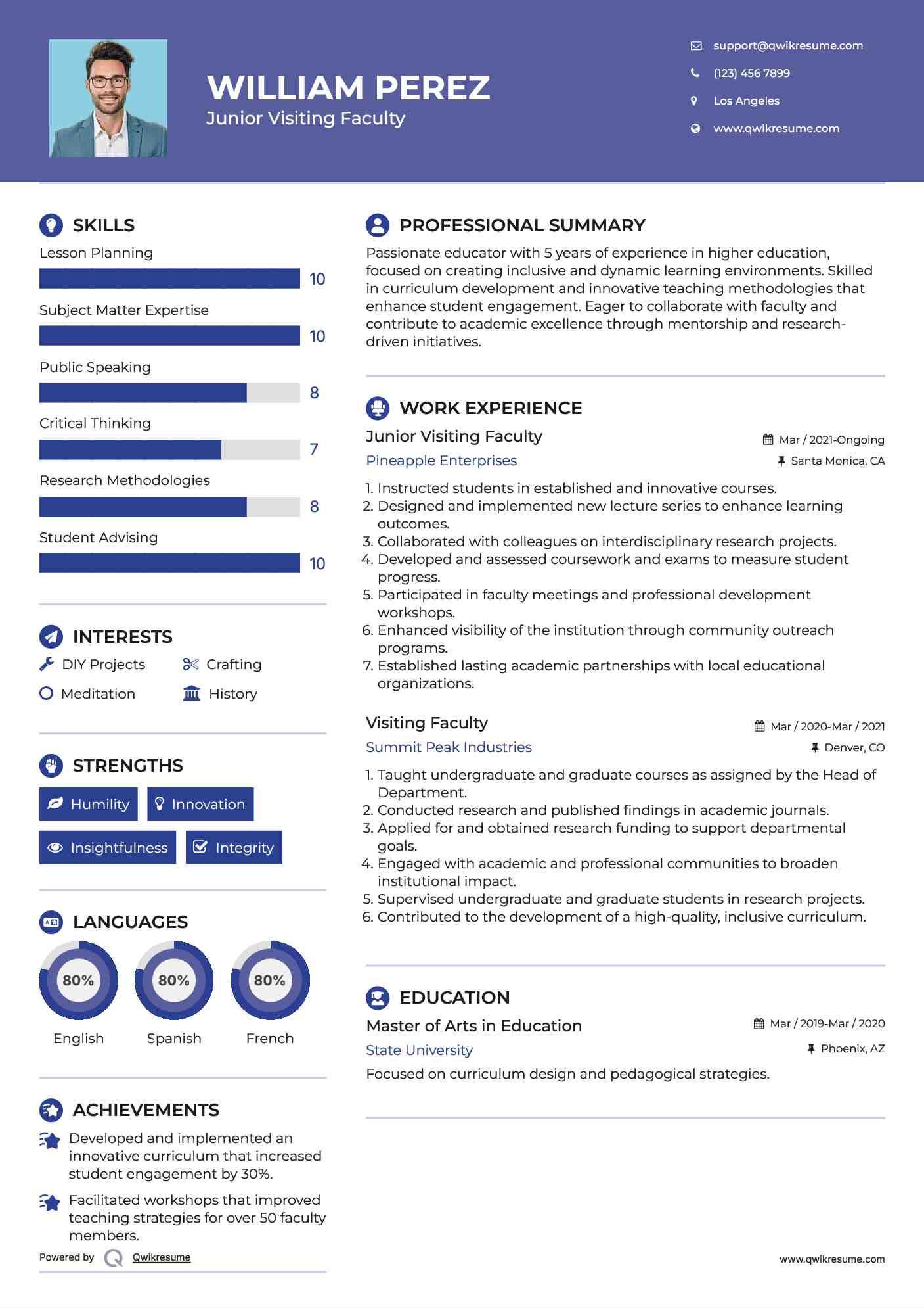 Junior Visiting Faculty Resume Model