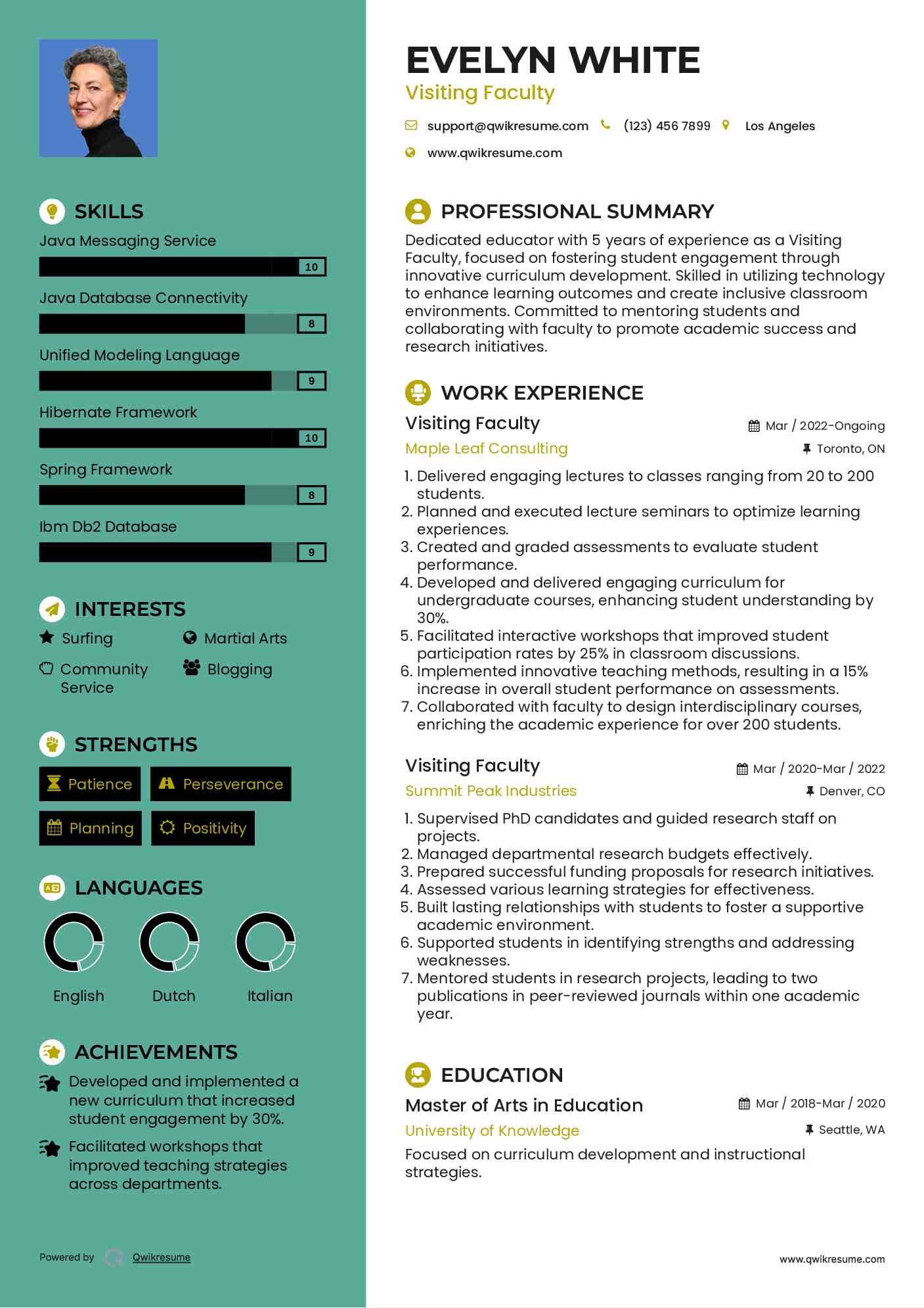 Visiting Faculty Resume Sample