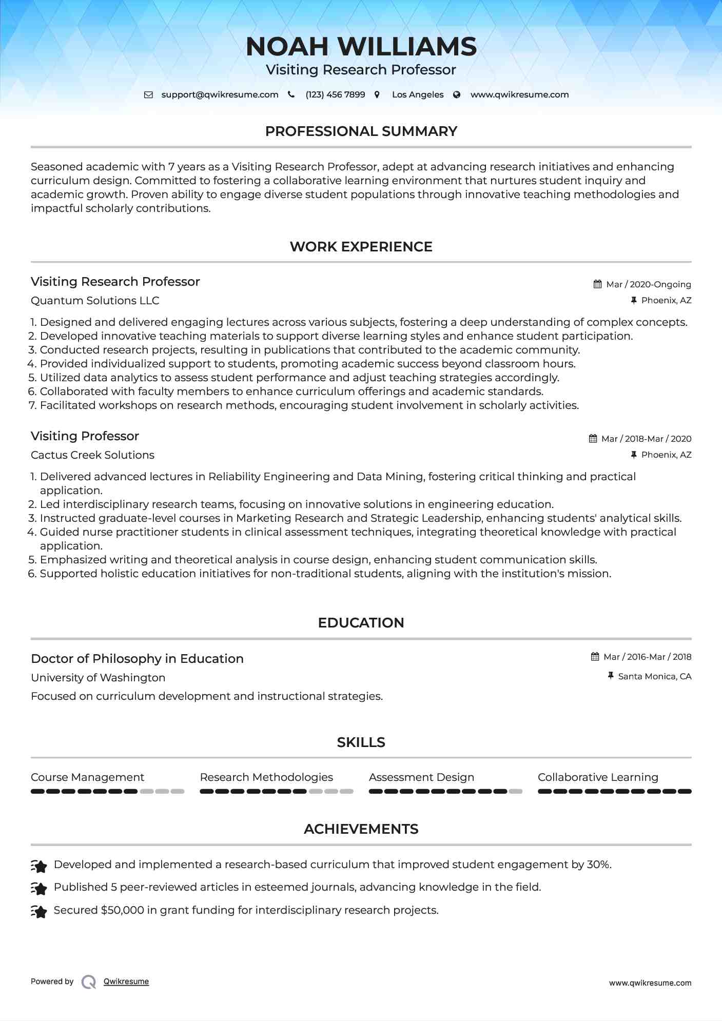 Visiting Research Professor Resume Model