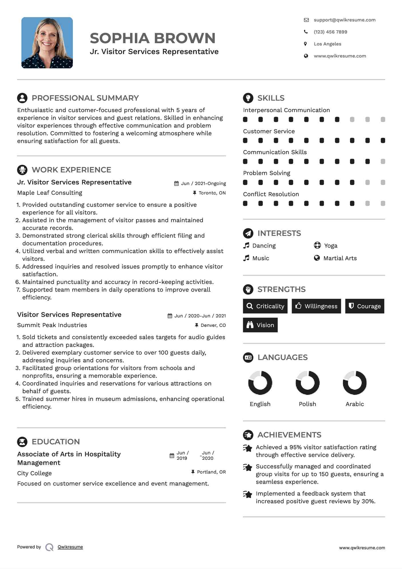 Jr. Visitor Services Representative Resume Model