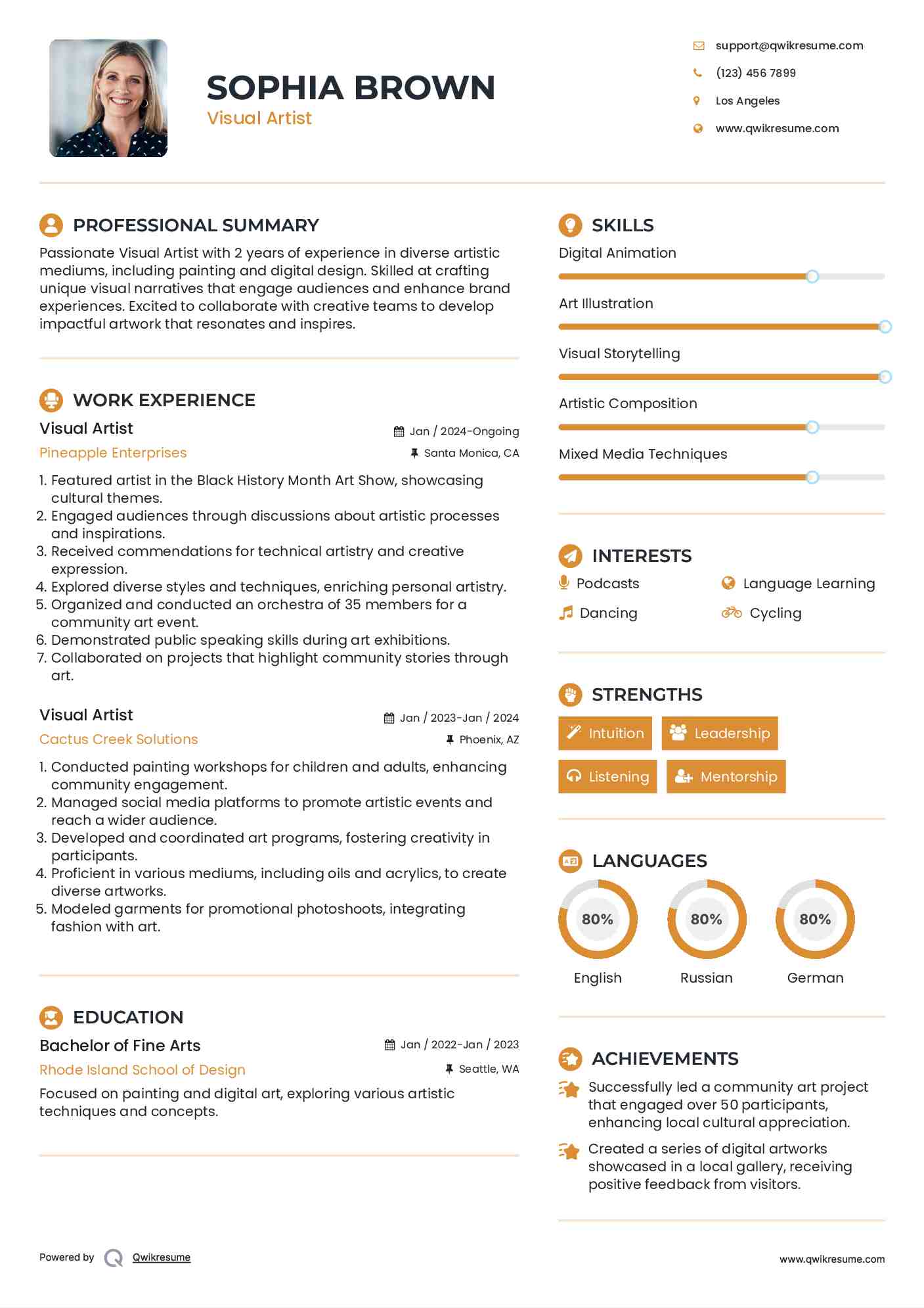 Visual Artist Resume Samples Qwikresume