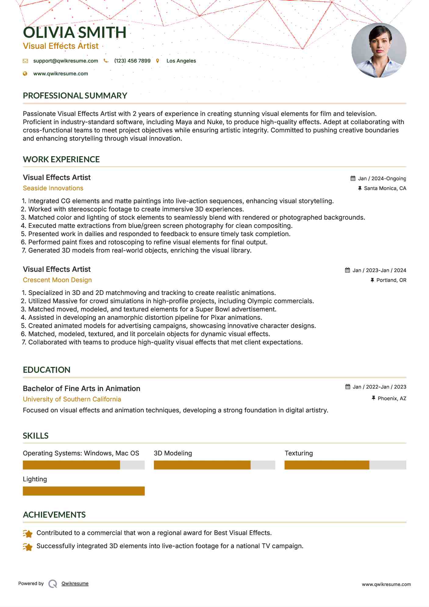 Visual Effects Artist Resume Model