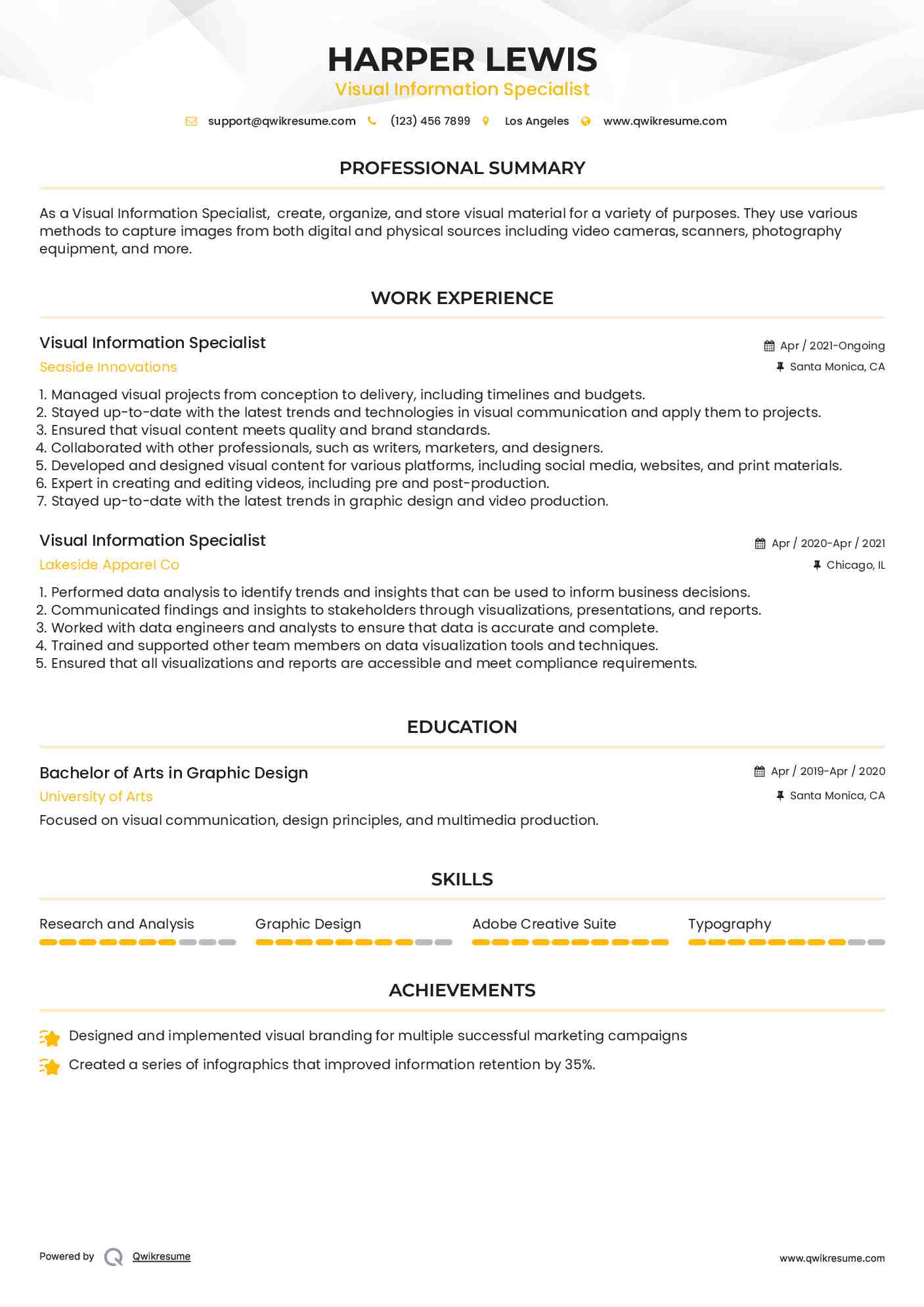Visual Information Specialist Resume Example