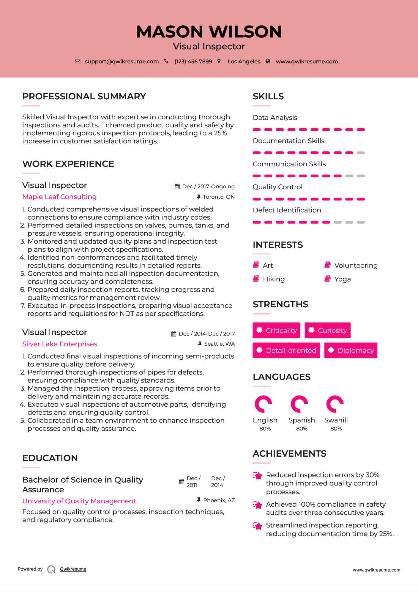 Visual Inspector Resume Format
