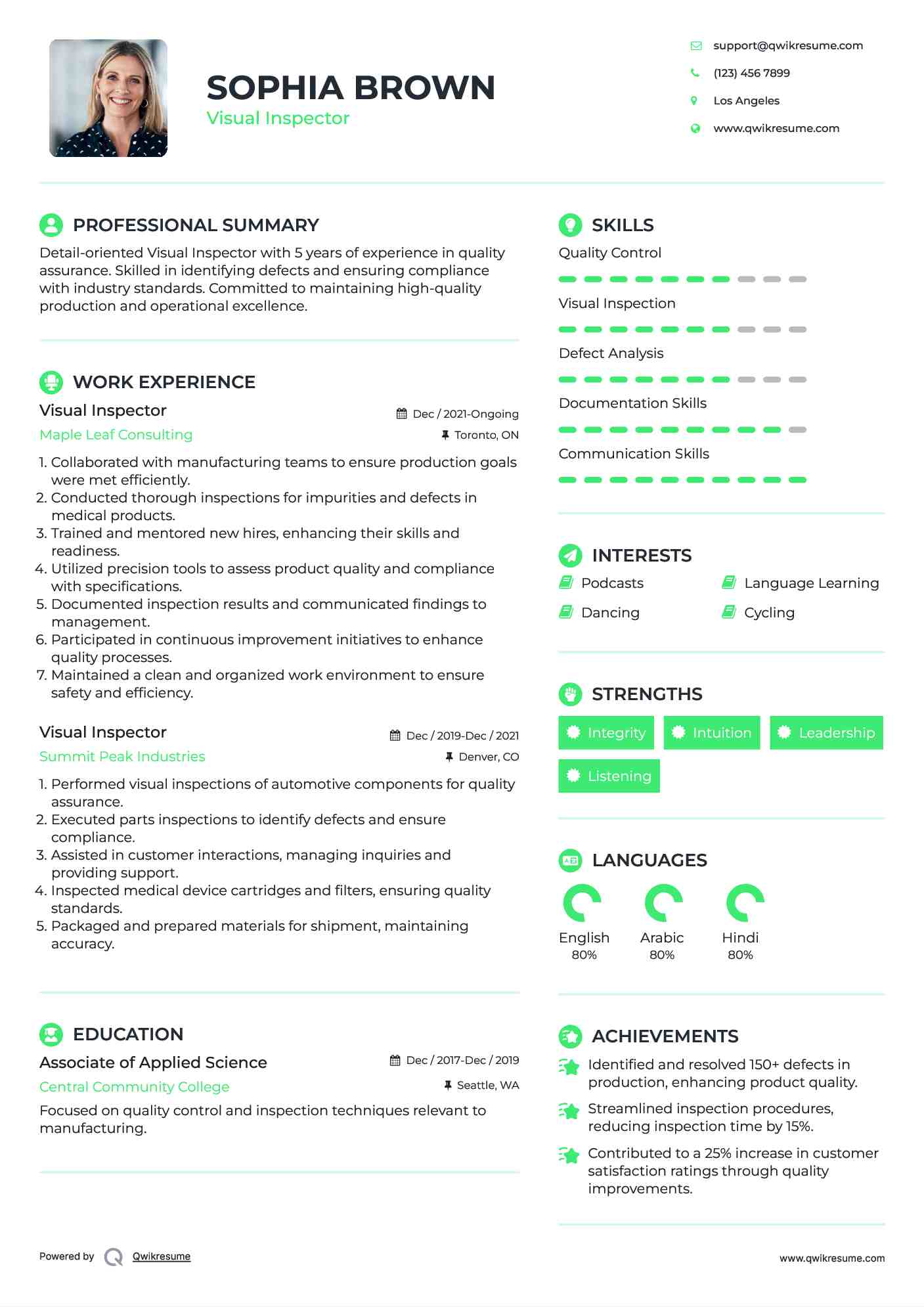 Visual Inspector Resume Sample