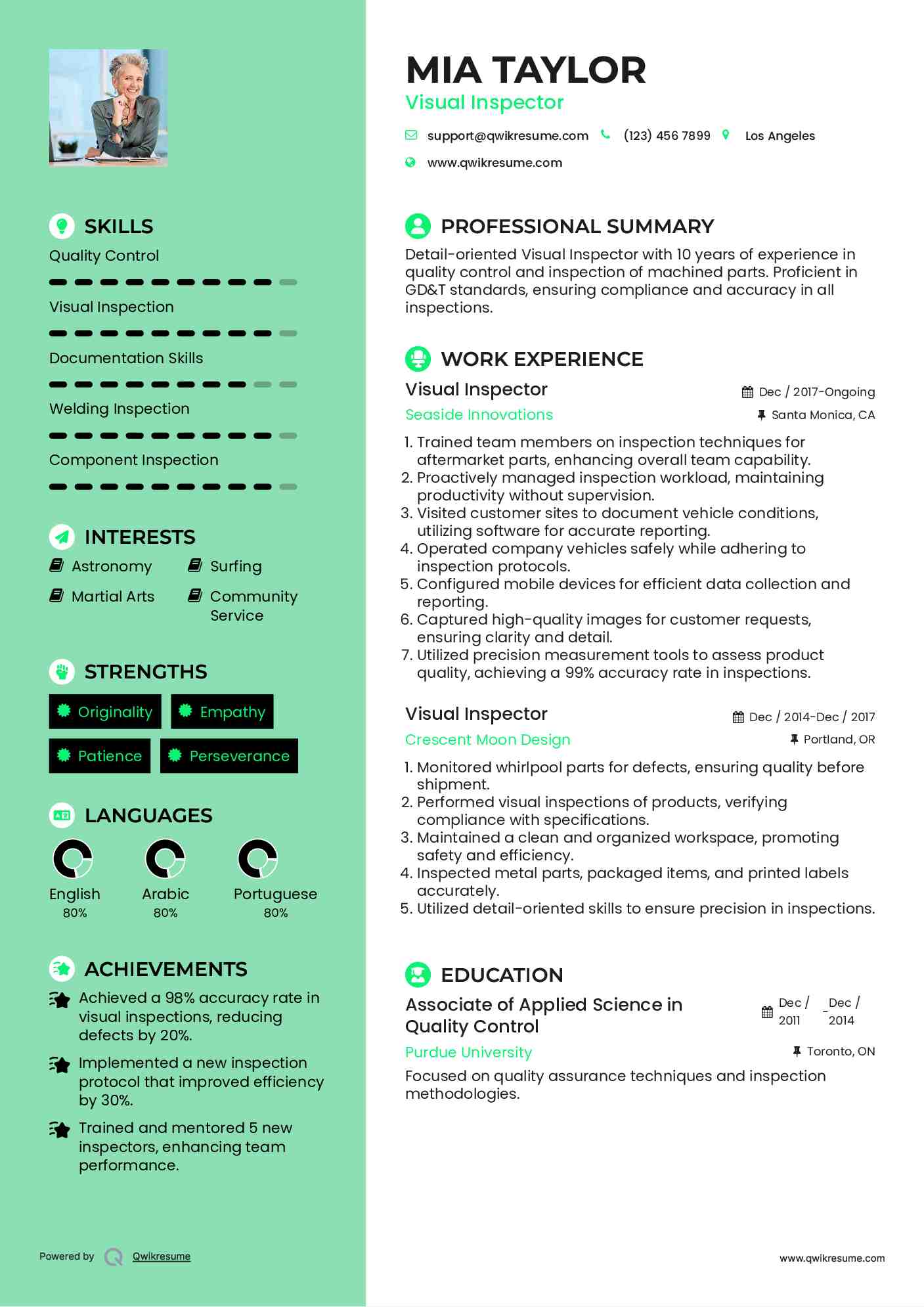 Visual Inspector Resume Samples QwikResume