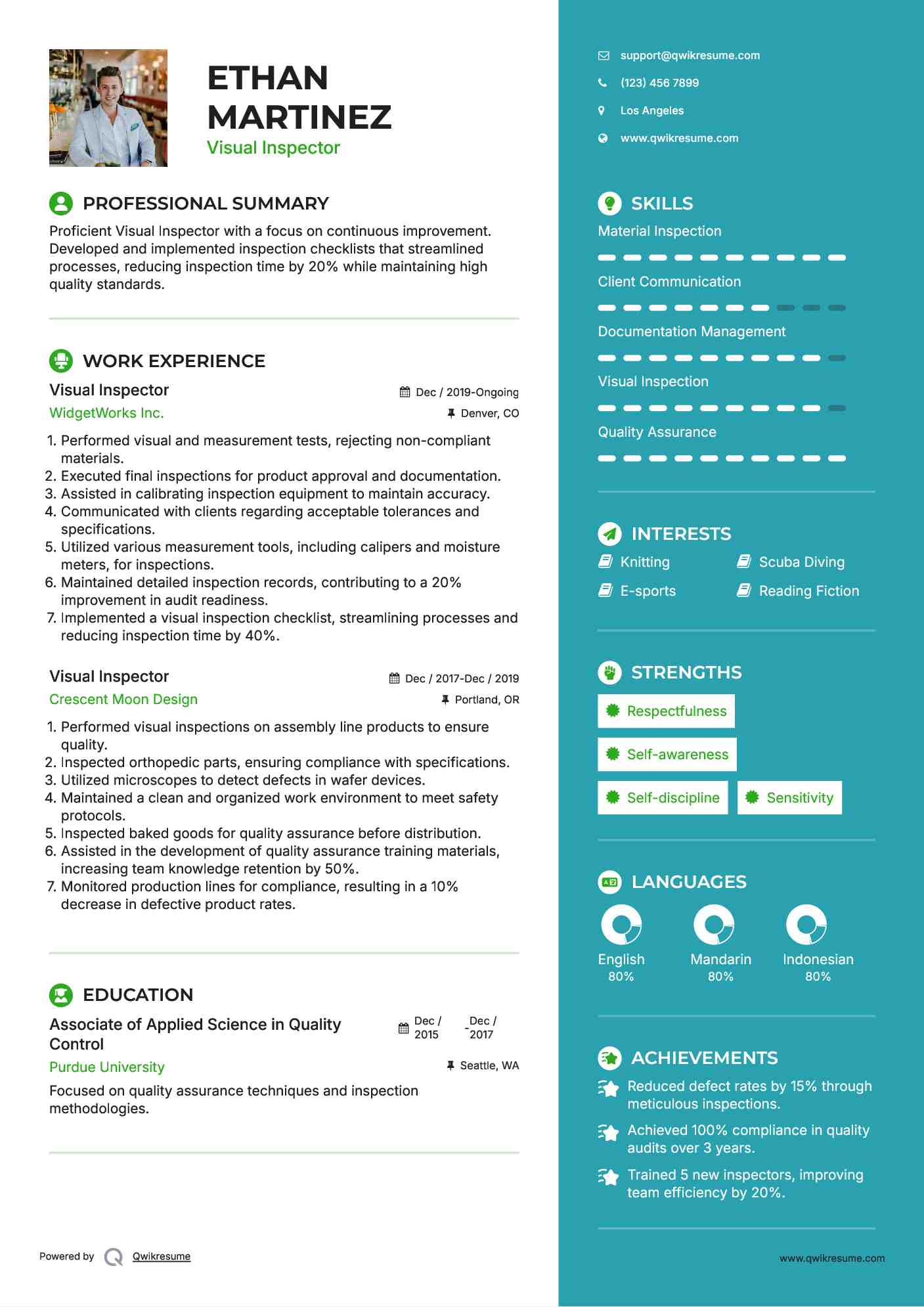 Visual Inspector Resume Samples QwikResume