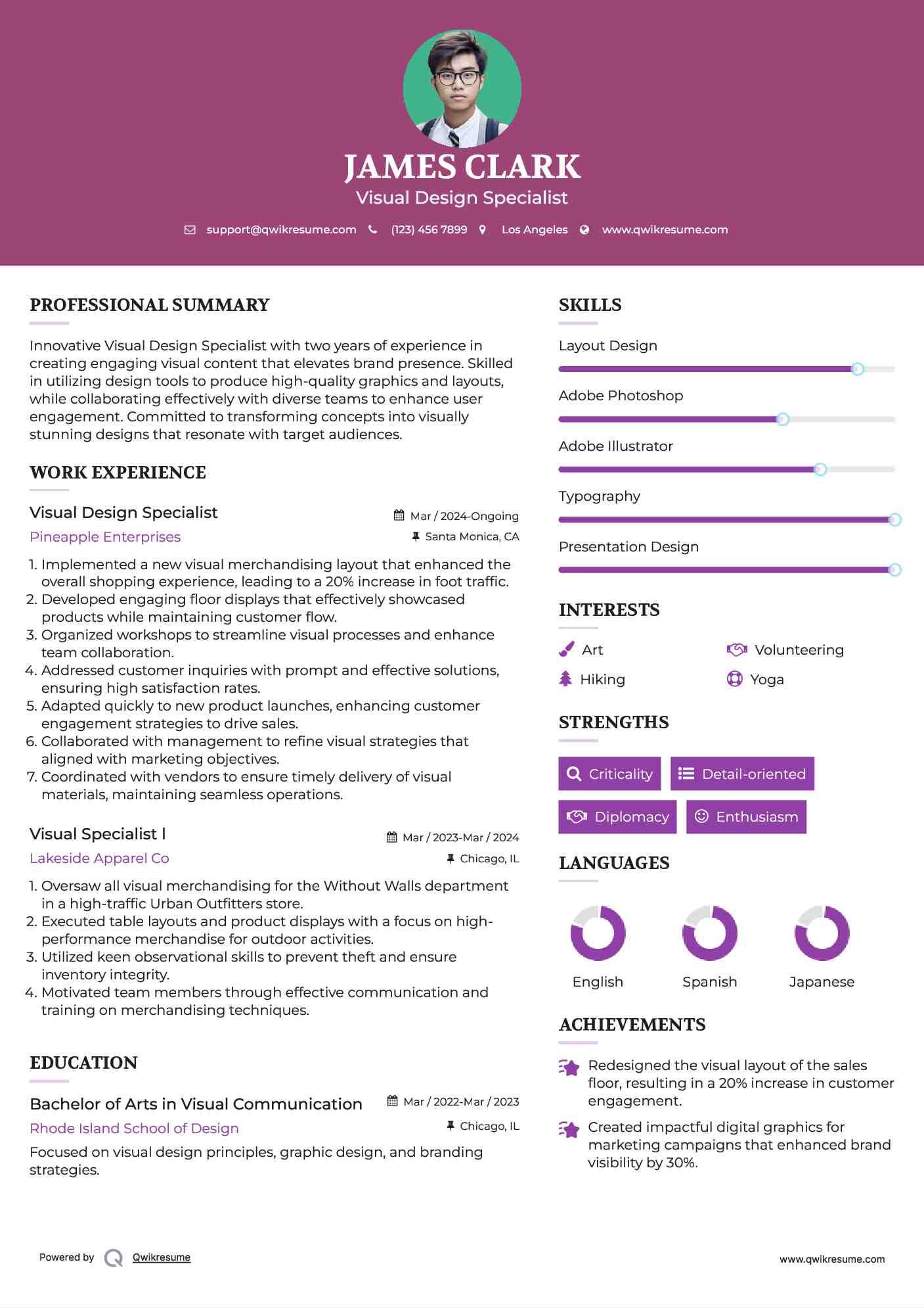 Visual Design Specialist Resume Example