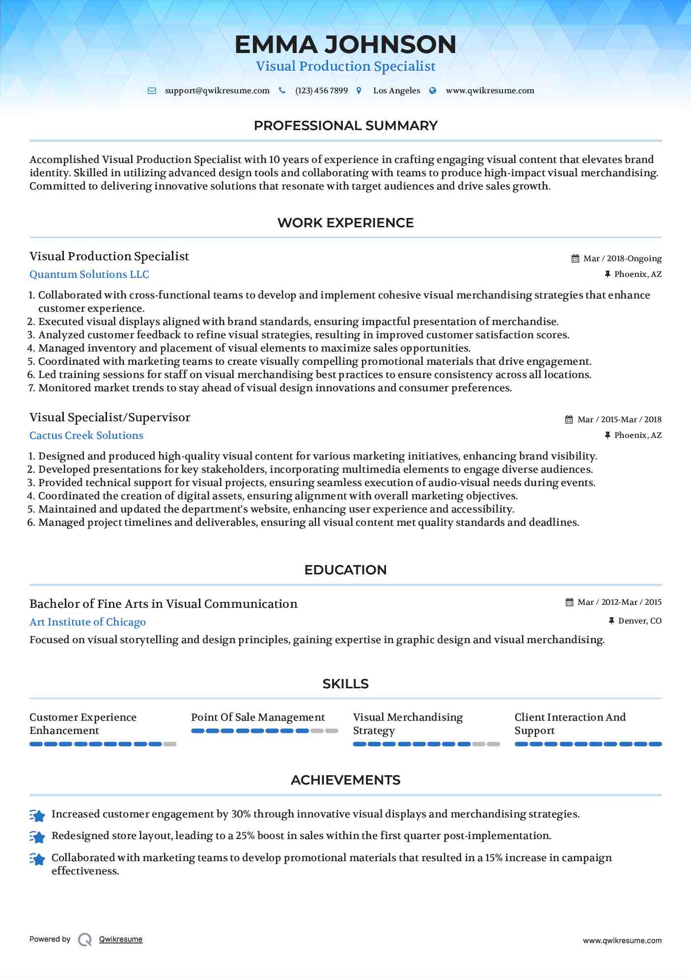 Visual Production Specialist Resume Sample