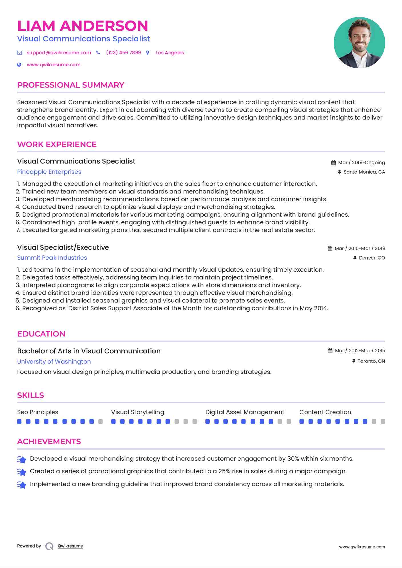 Visual Communications Specialist Resume Sample