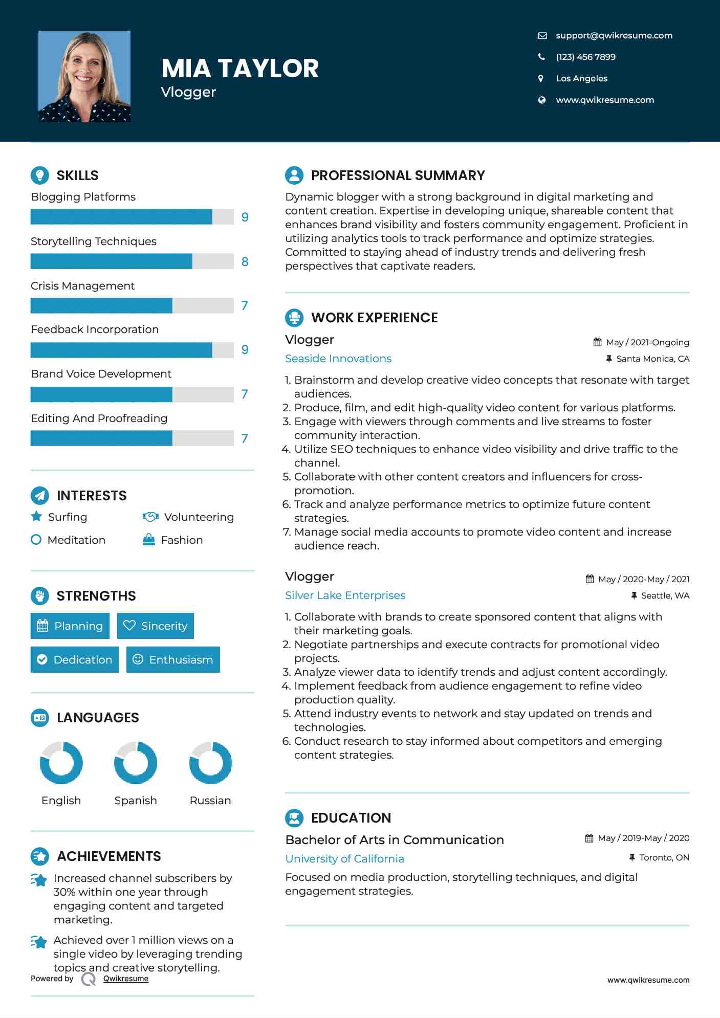 Vlogger Resume Sample
