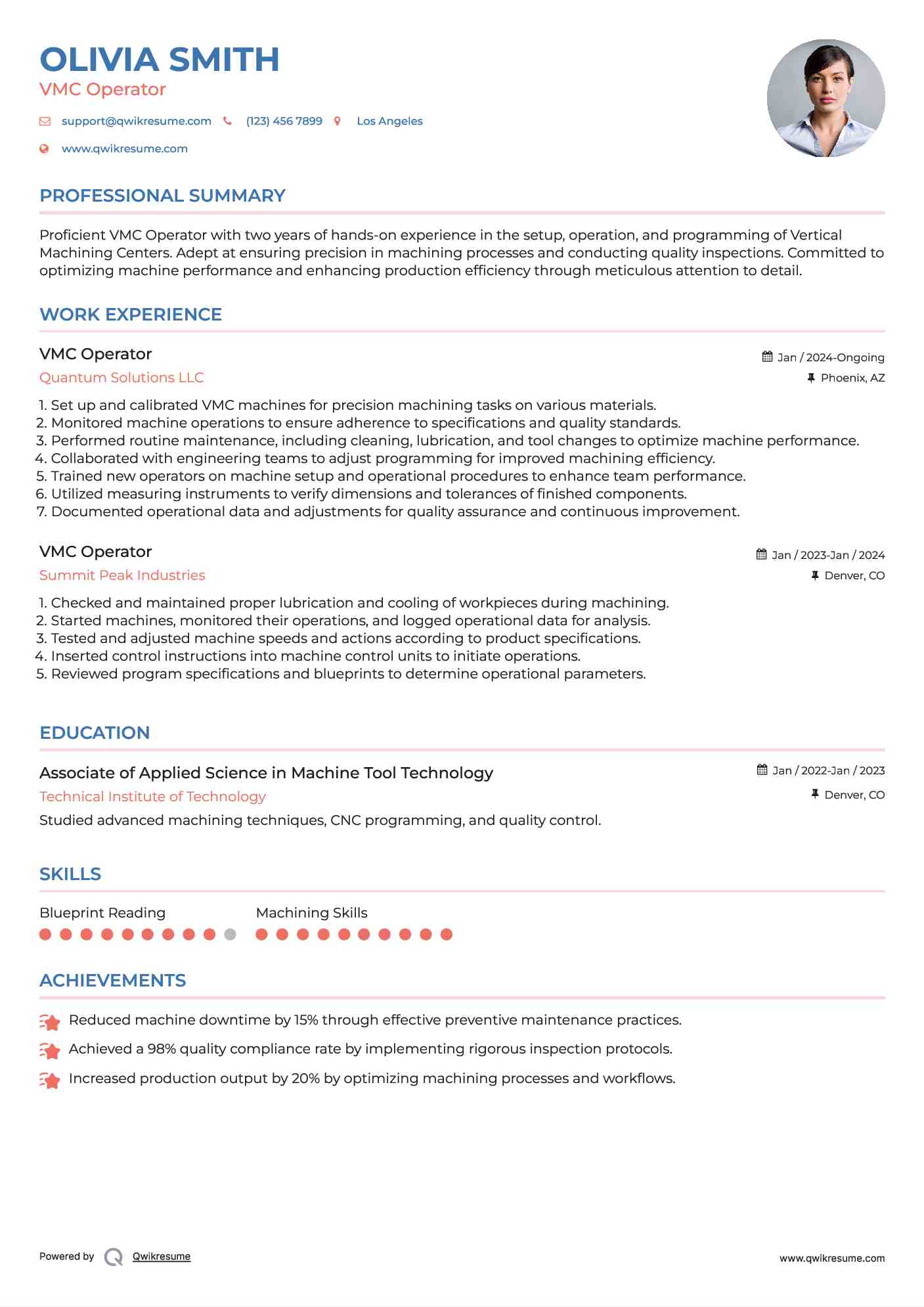 VMC Operator Resume Format
