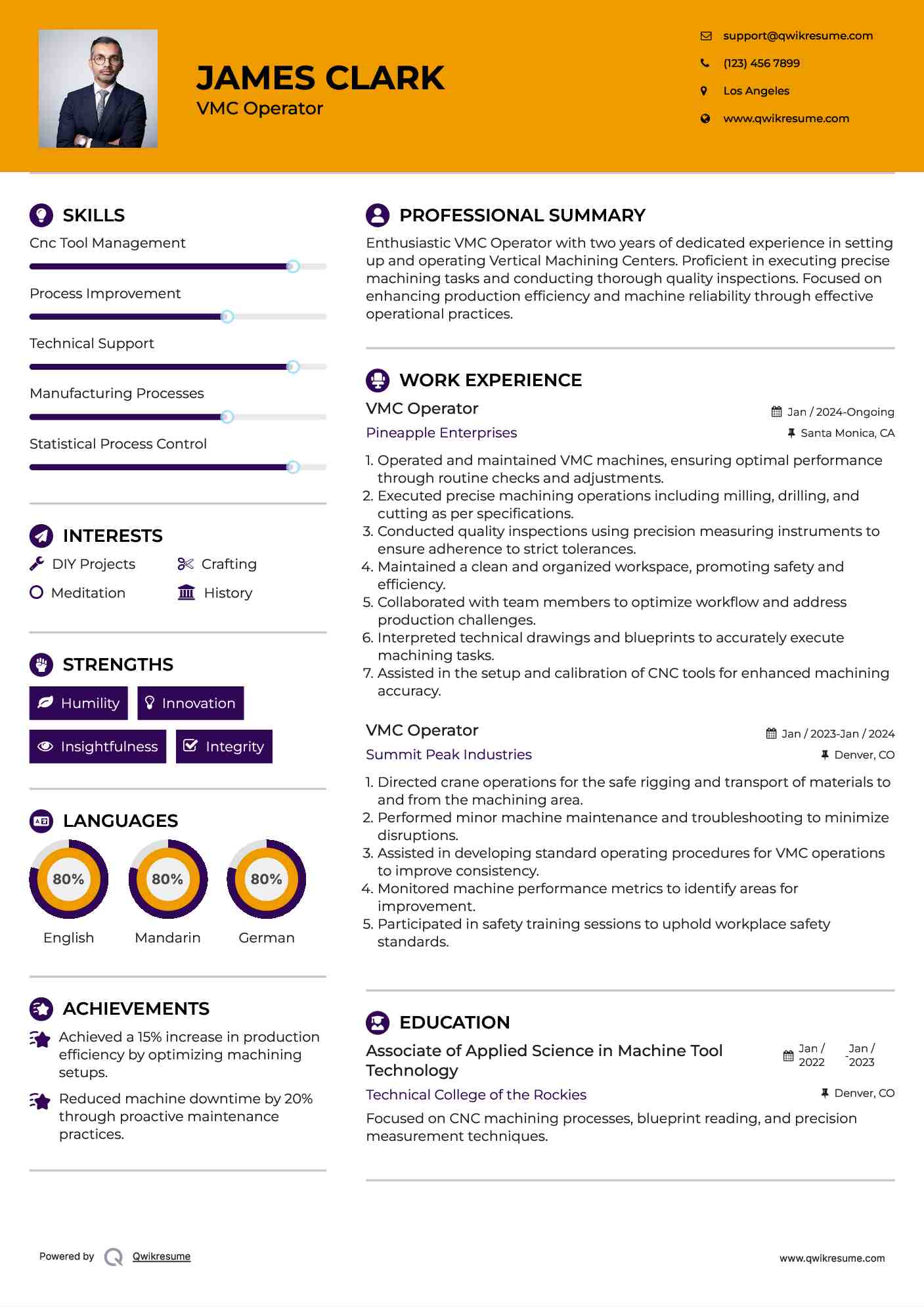 VMC Operator Resume Template