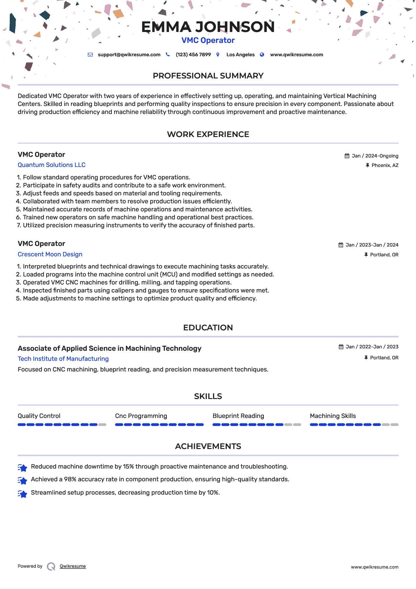 VMC Operator Resume Template