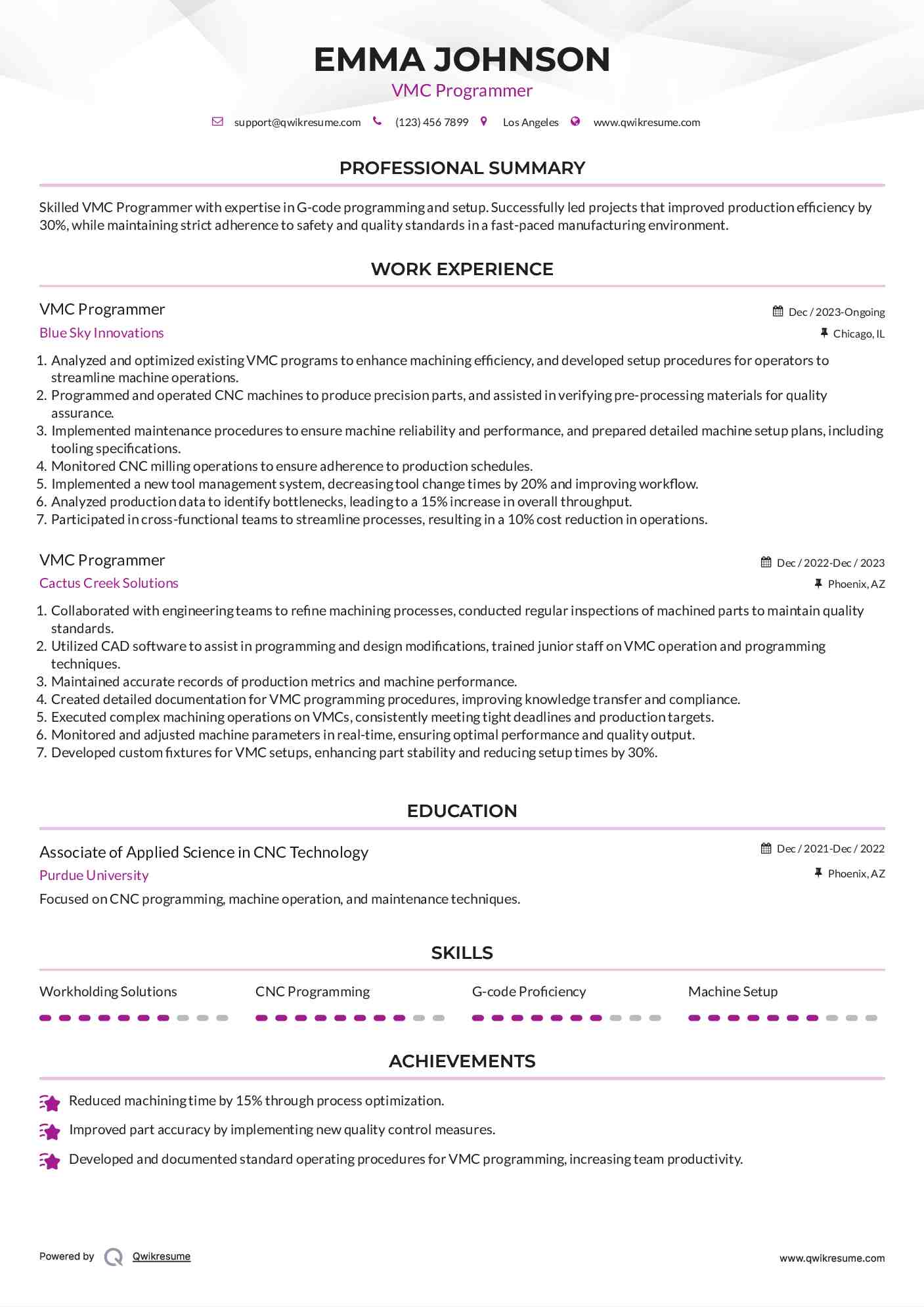 VMC Programmer Resume Example