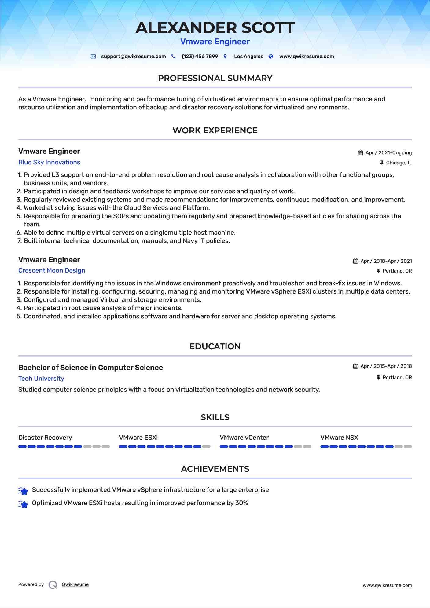 Vmware Engineer Resume Example