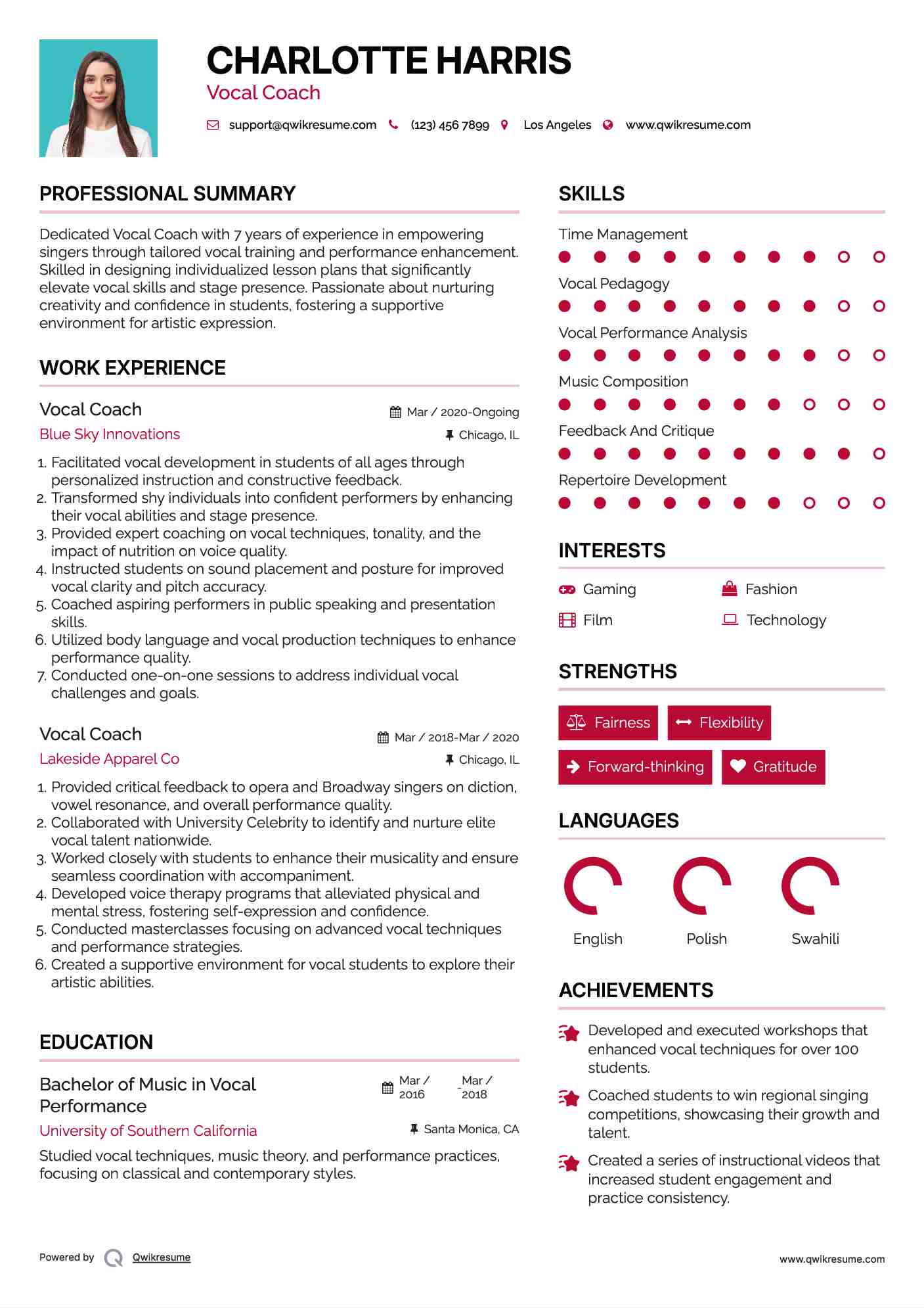 Vocal Coach Resume Sample
